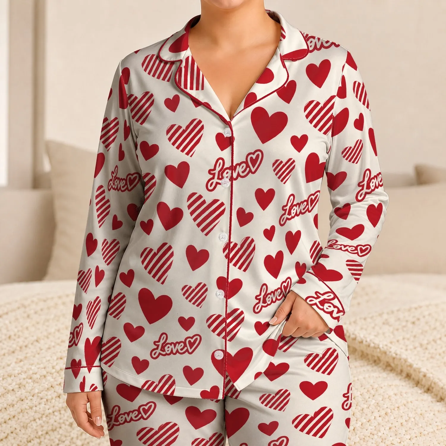 Red Heart and Love Lettering for Cozy Valentine's Evening at Home Relaxation Satin Pajamas Set - 1