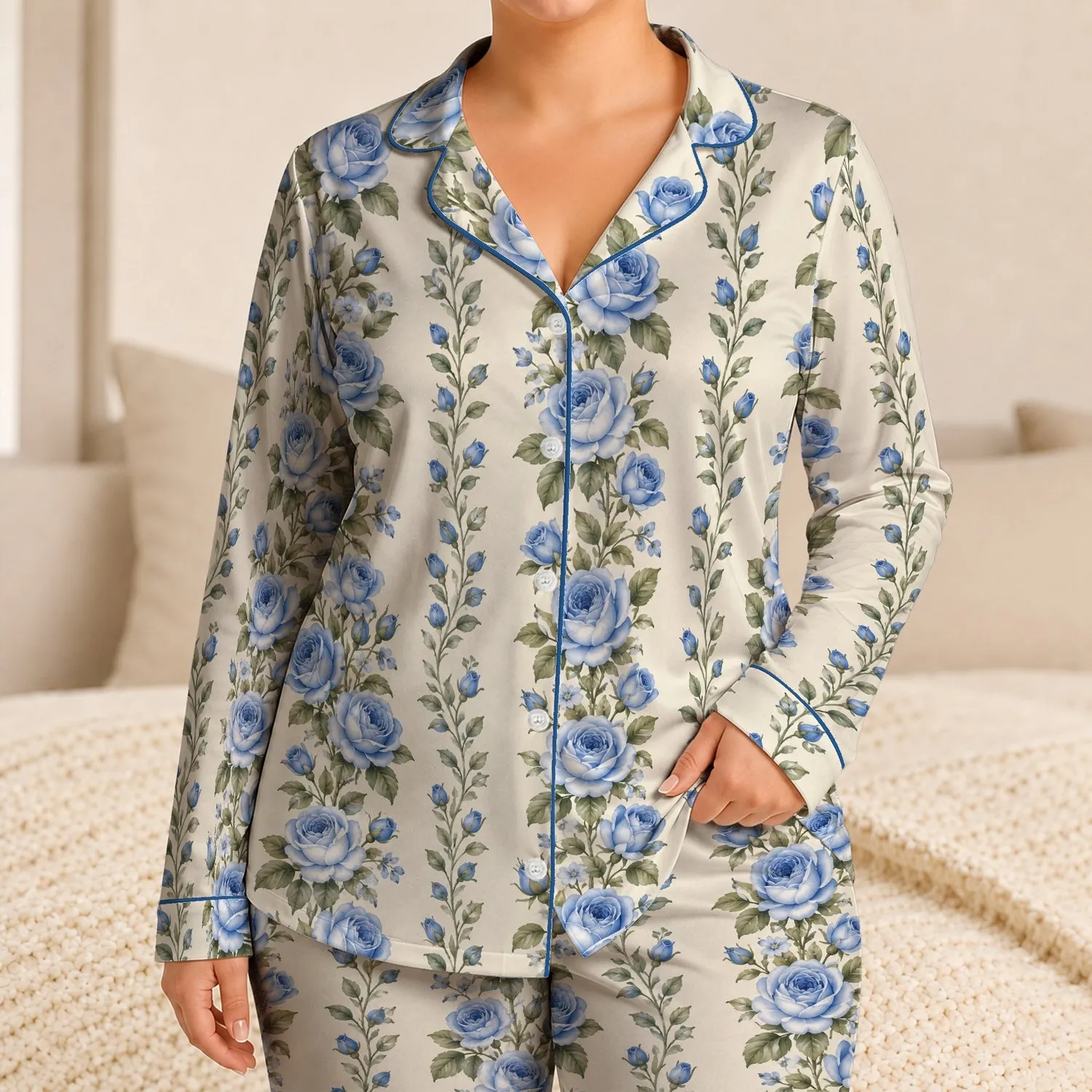 Blue Rose Sleepwear for Cozy Evenings and Relaxed Mornings Satin Pajamas Set - 1