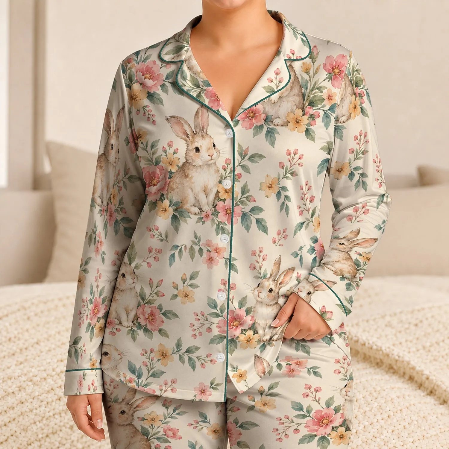 Watercolor Rabbit and Garden Blooms for Cozy Springtime Lounging Satin Pajamas Set - 1