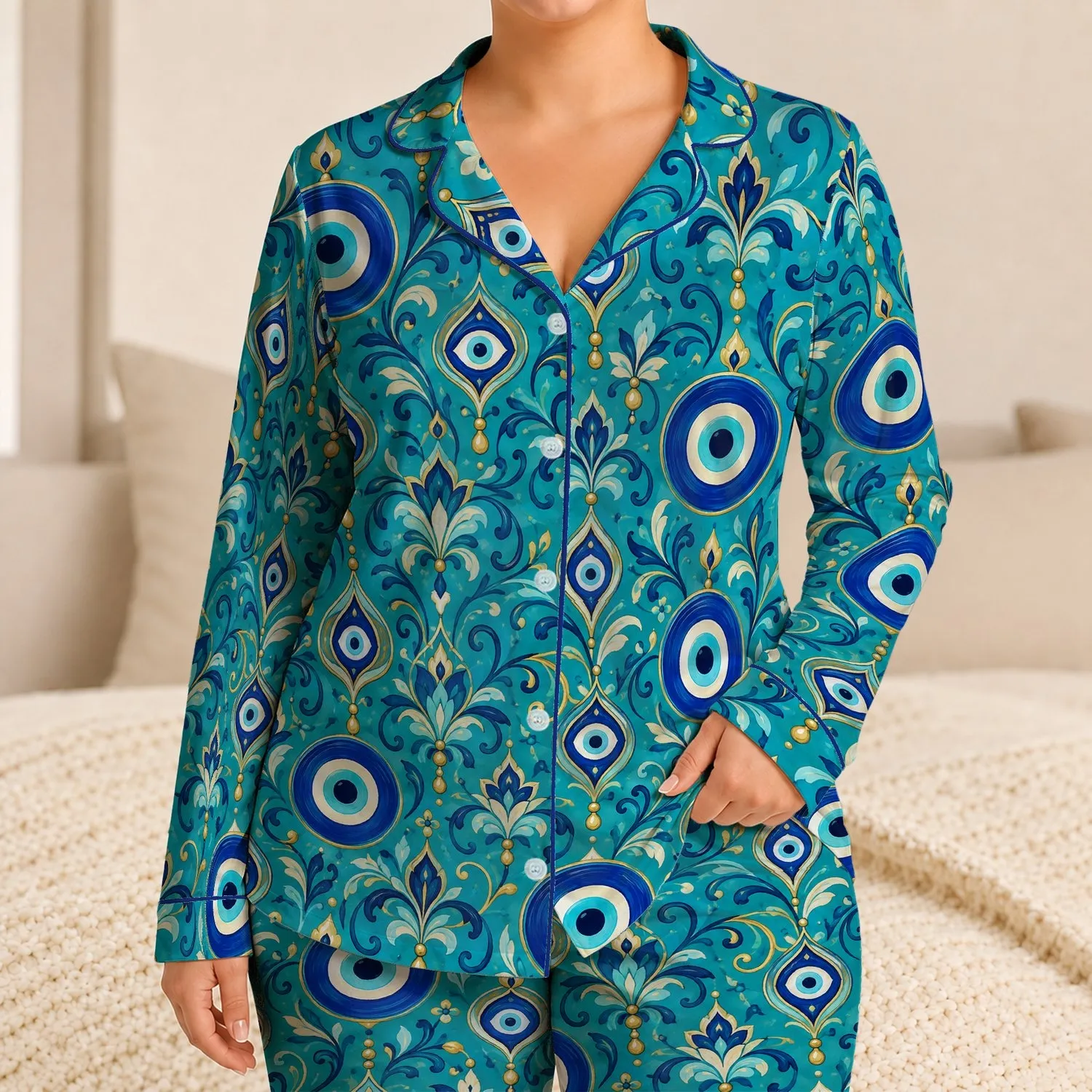 Turquoise Evil Eye Medallions for Serene Lounging and Cozy Evenings at Home Daily Satin Pajamas Set - 1