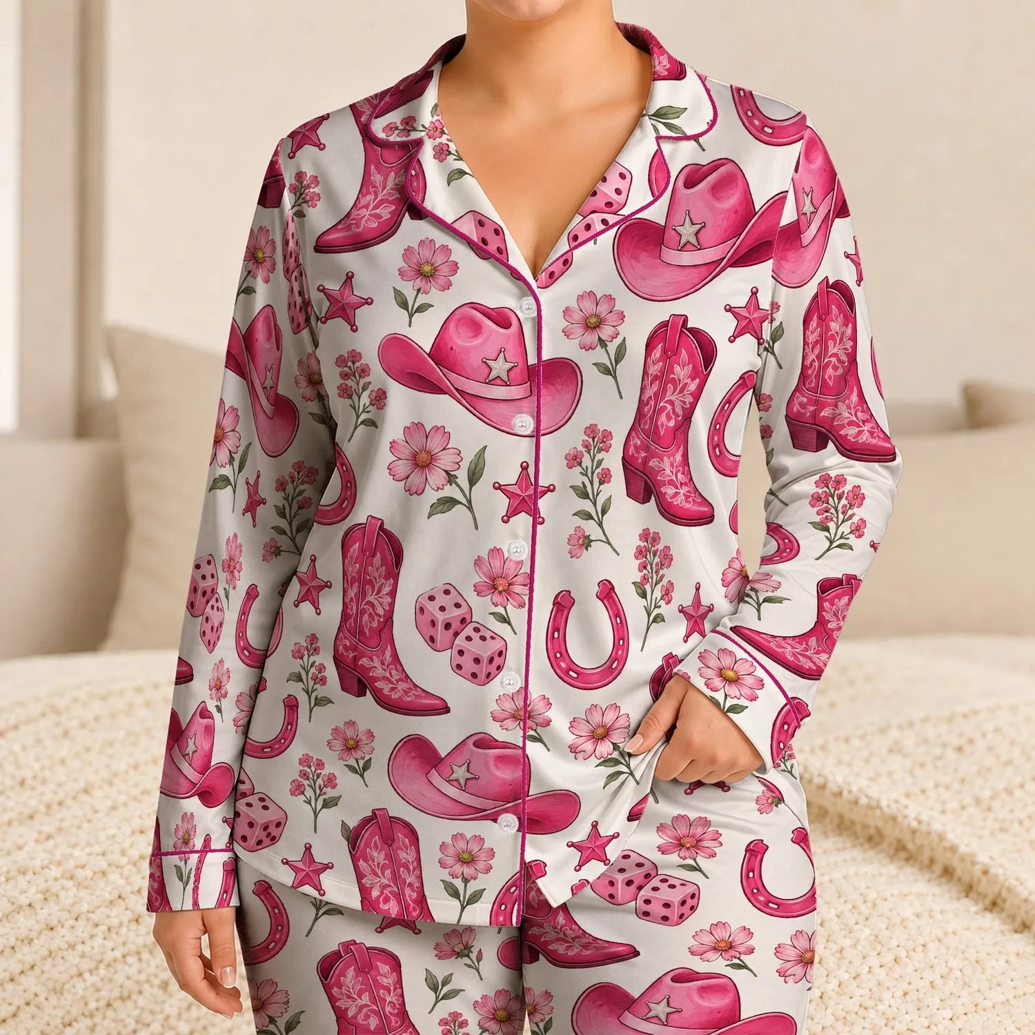 Fuchsia Cowgirl Boots and Dice for Western Ranch-Inspired Lounging Satin Pajamas Set - 1