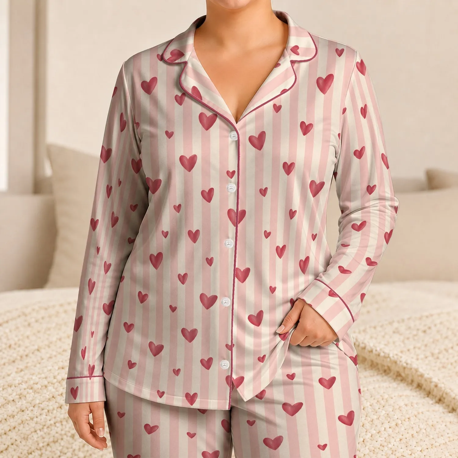 Blush Hearts And Ivory Stripes For Cozy Evenings And Relaxed Weekend Mornings At Home Satin Pajamas Set - 1