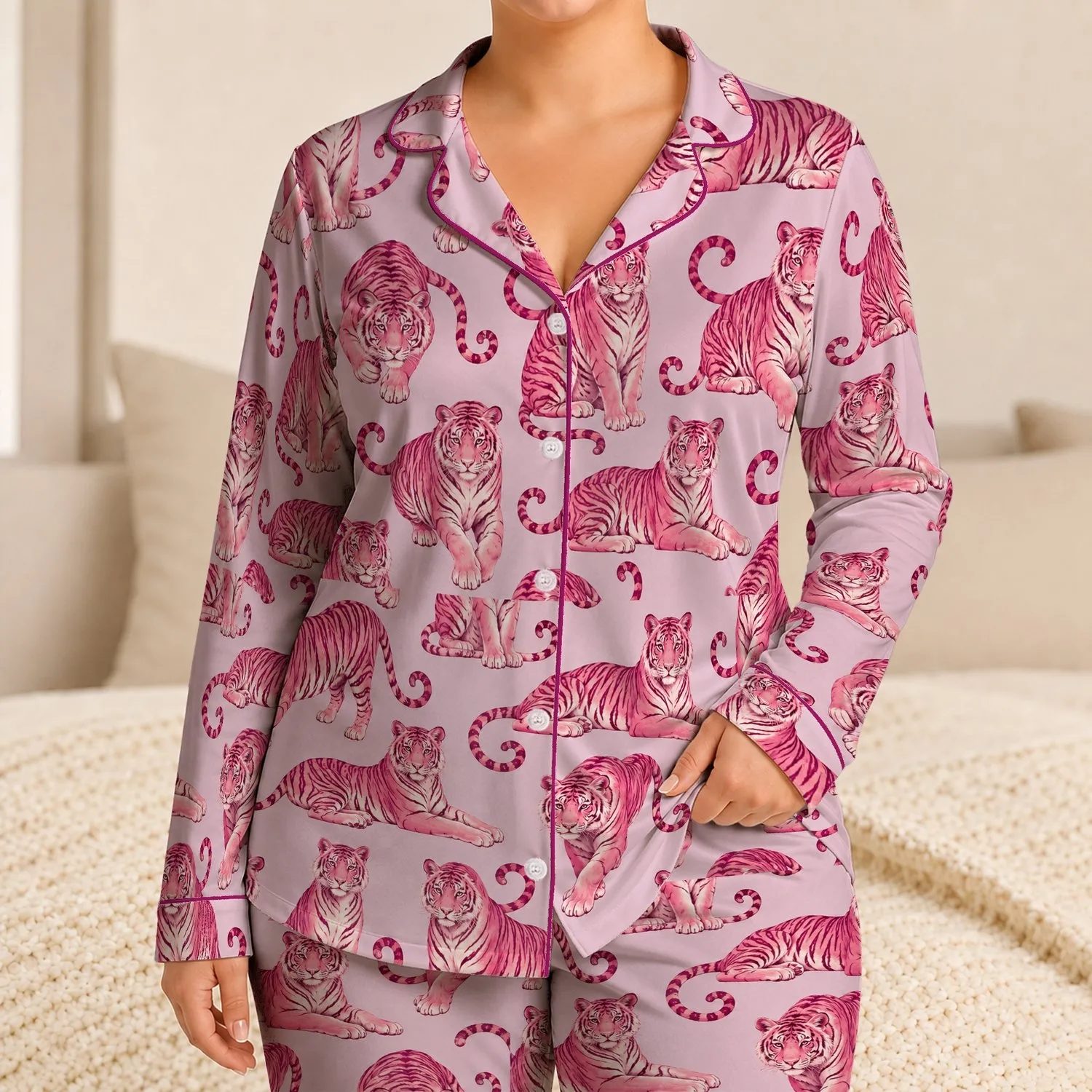 Soft Magenta Tigers for Cozy Lounge Evenings and Relaxed Weekend Mornings at Home Satin Pajamas Set - 1