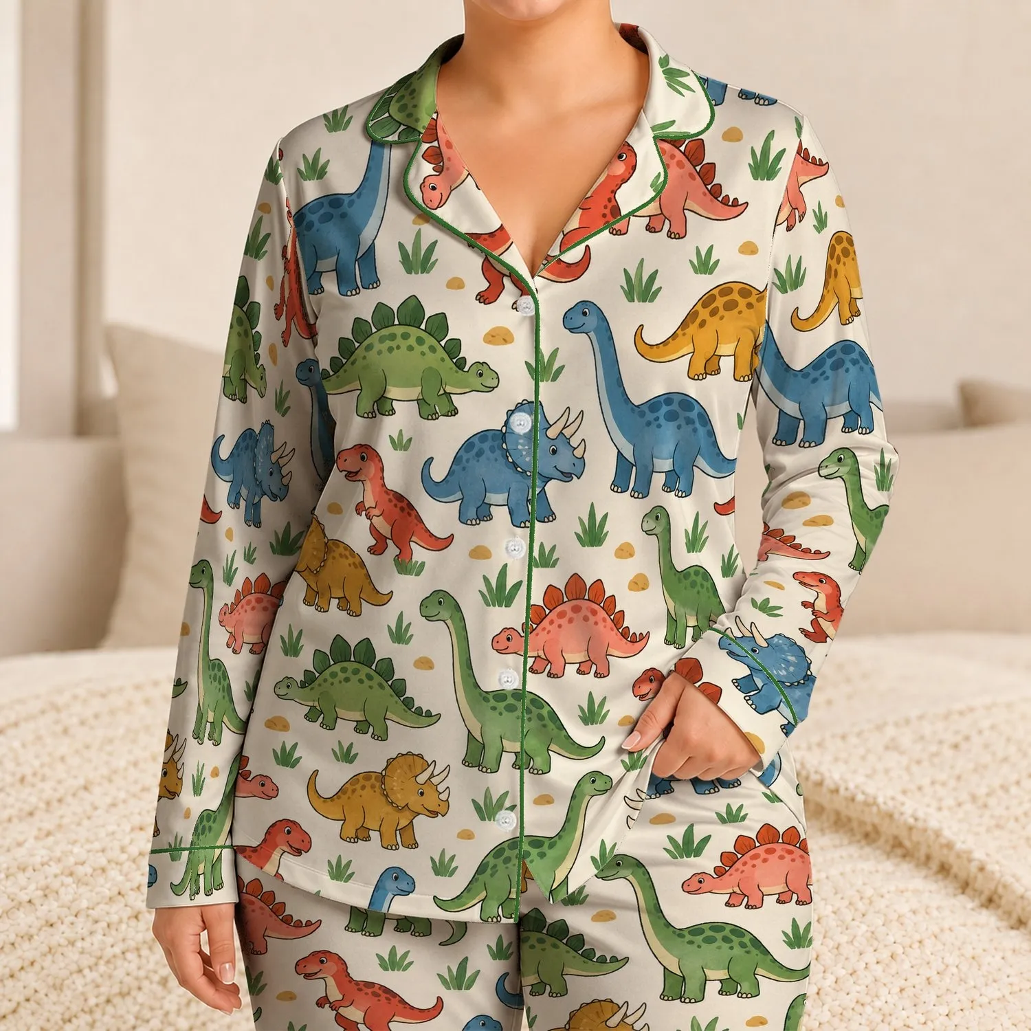Colorful Friendly Dinosaurs for Cozy Weekends and Playful Everyday Lounging at Home Satin Pajamas Set - 1