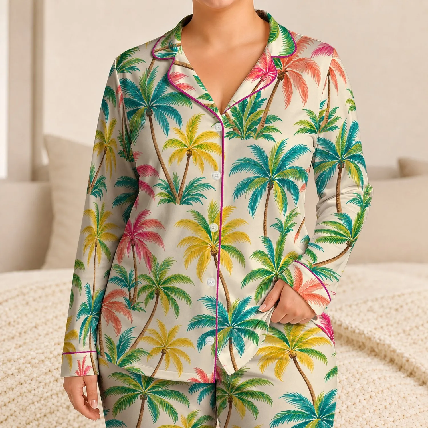 Tropical Palm Trees for Summer Beach Getaways and Relaxed Coastal Lounging Satin Pajamas Set - 1