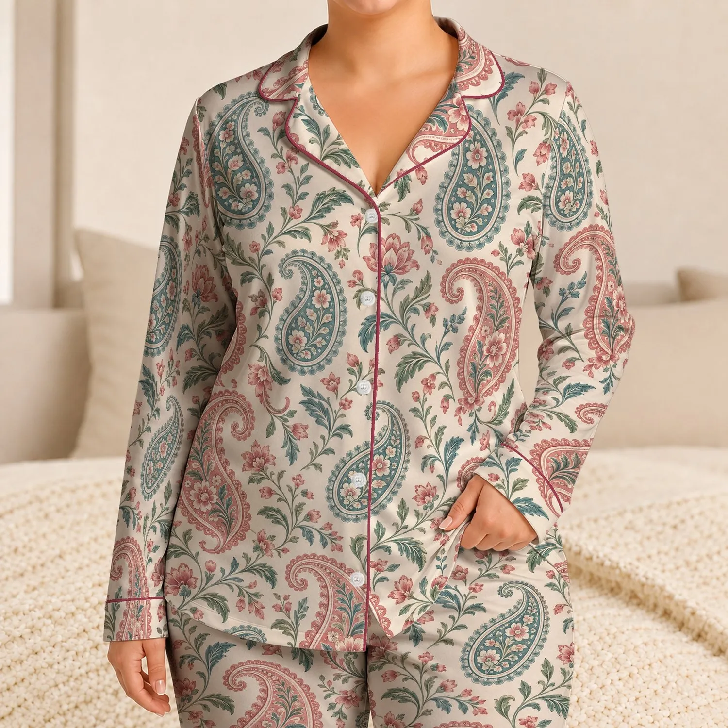 Dusty Rose And Teal Paisley Motifs For Cozy Evenings And Relaxed Lounging Satin Pajamas Set - 1