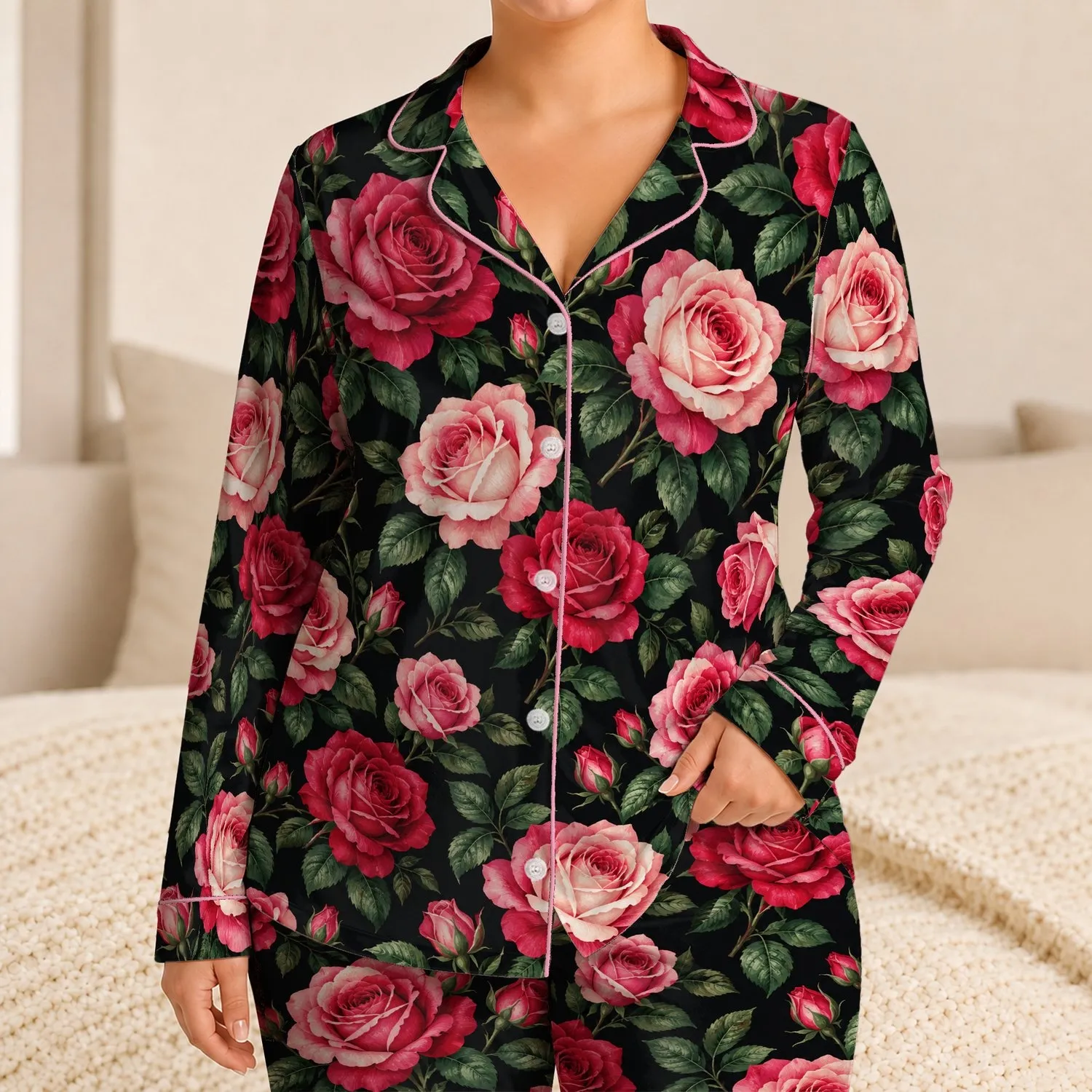 Pink Rose Blooms on Black for Romantic Evenings and Cozy Lounging Satin Pajamas Set - 1