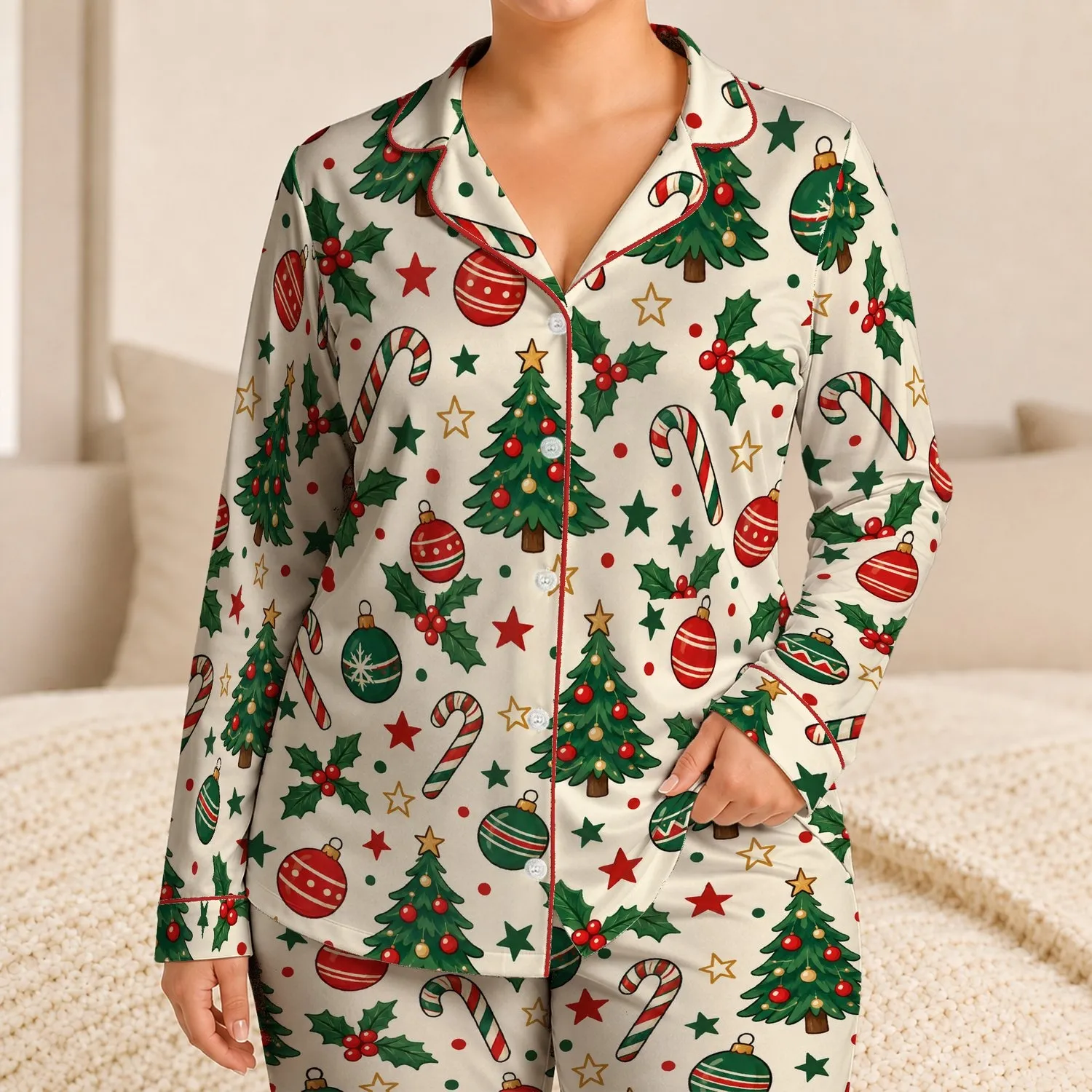 Christmas Tree Candy Cane Holly Bauble Holiday Cheer for Cozy Winter Evenings at Home Satin Pajamas Set - 1