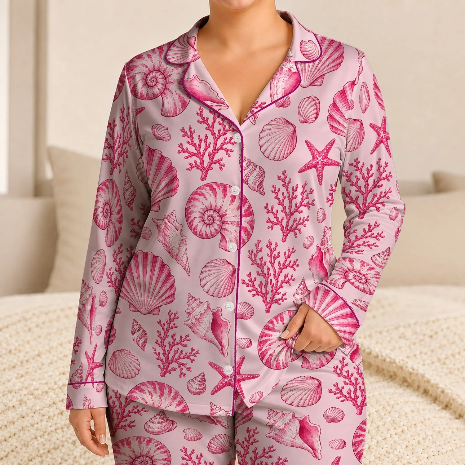 Hot Pink Seashells and Starfish for Coastal Bedtime and Relaxed Summer Getaways for Her Satin Pajamas Set - 1