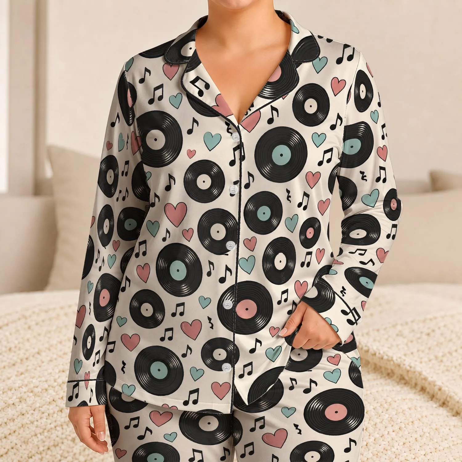 Vinyl Records and Sweet Music Notes for Cozy Nights and Relaxed Weekend Listening Gifts Satin Pajamas Set - 1