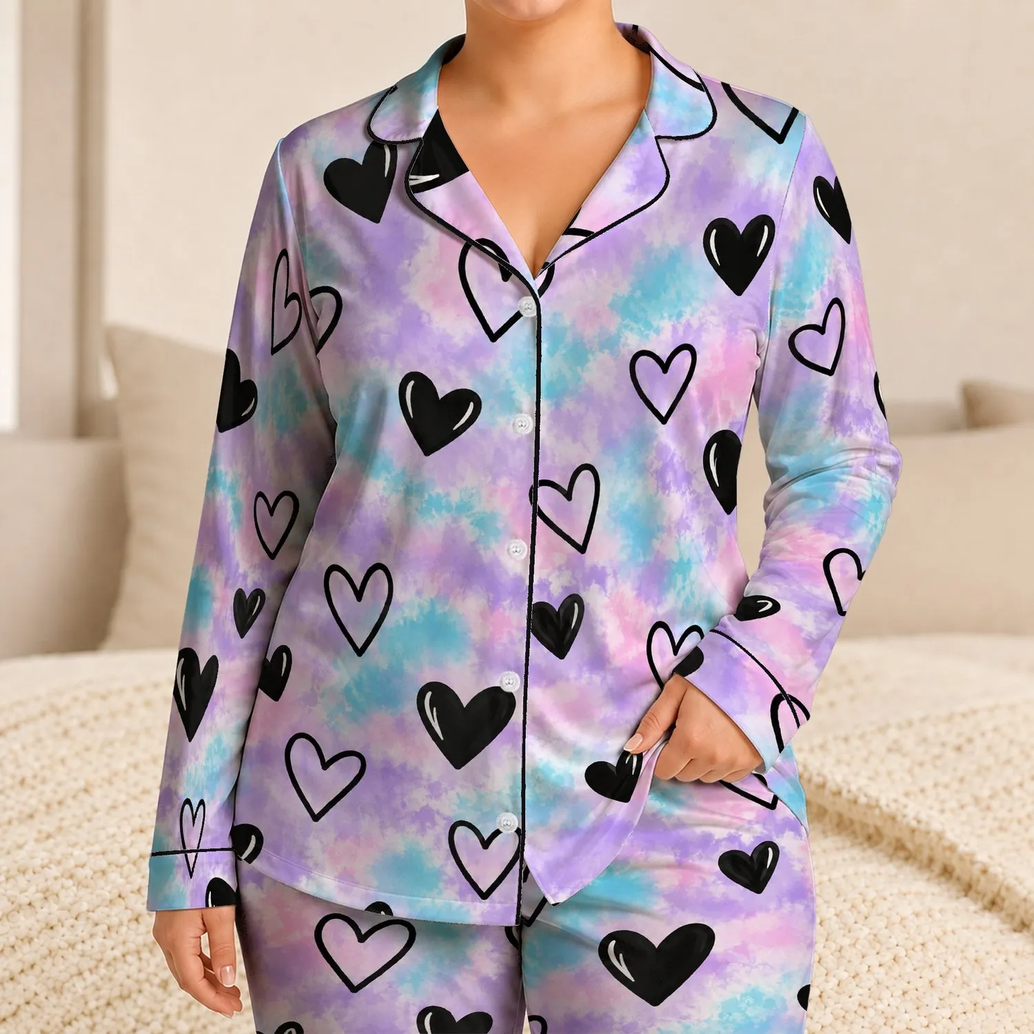 Pastel Tie-Dye Black Hearts for Cozy Lounging and Relaxed Weekends Satin Pajamas Set - 1