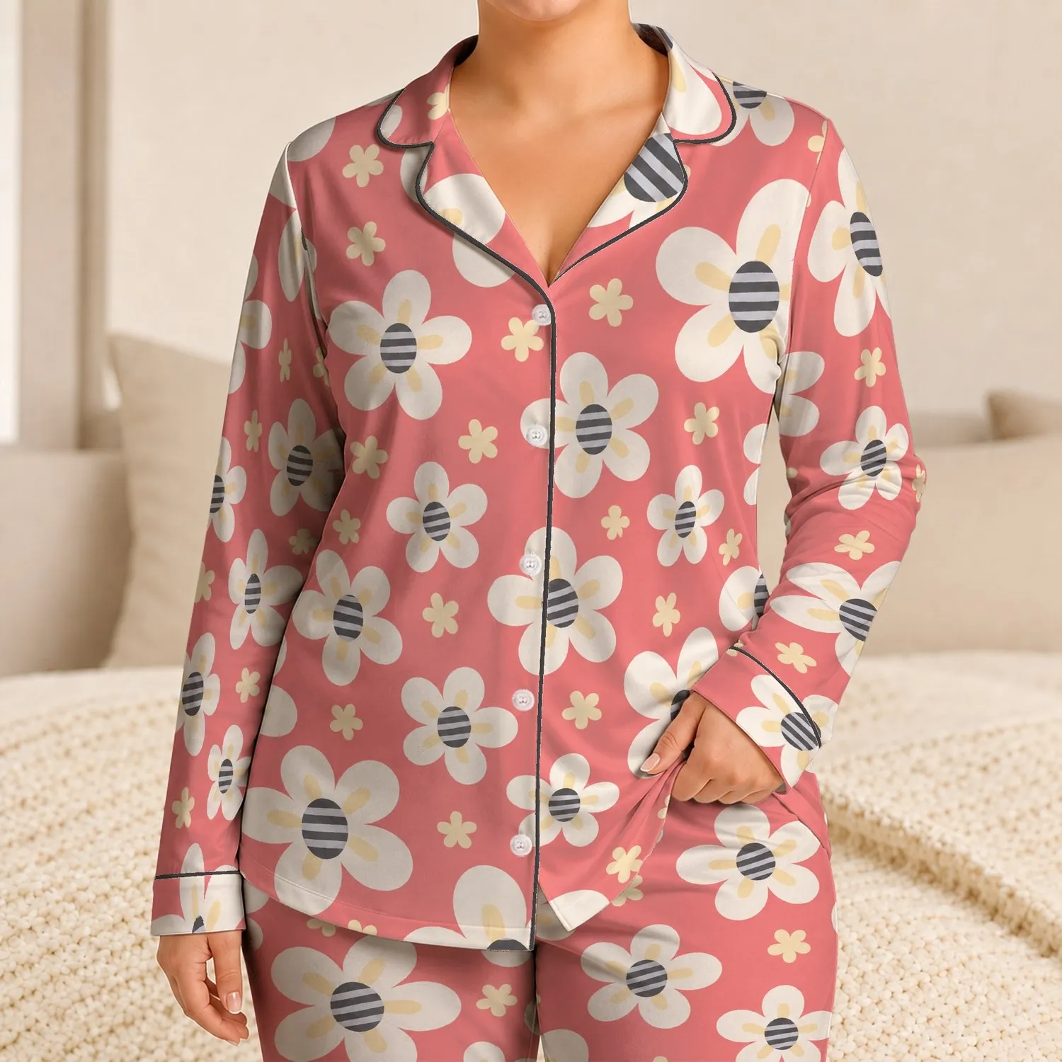 Pink Daisy Blooms with Gray Striped Centers for Cozy Lounging and Relaxed Home Style Satin Pajamas Set - 1