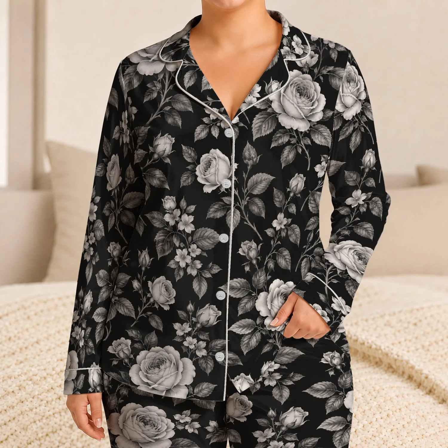Monochrome Rose And Silver Foliage For Elegant Cozy Evenings At Home Satin Pajamas Set - 1
