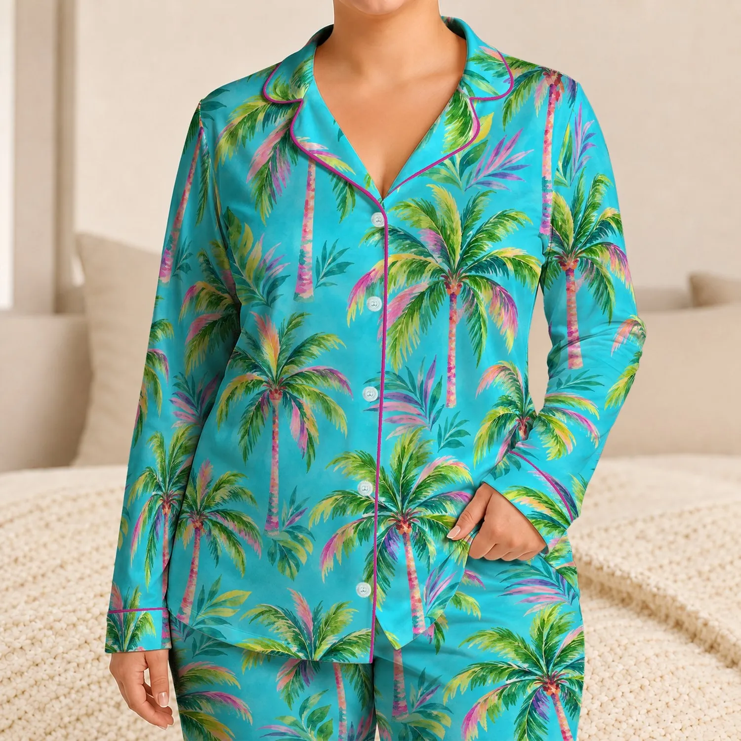 Watercolor Palm Grove in Bright Cyan for Tropical Resort Lounging and Coastal Getaways Satin Pajamas Set - 1