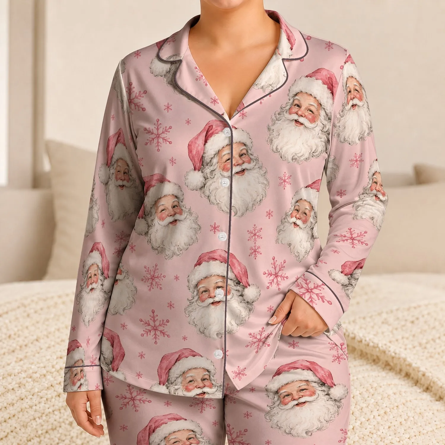 Rosy Santa And Snowflake Christmas Cheer For Cozy Holiday Evenings Satin Pajamas Set - 1