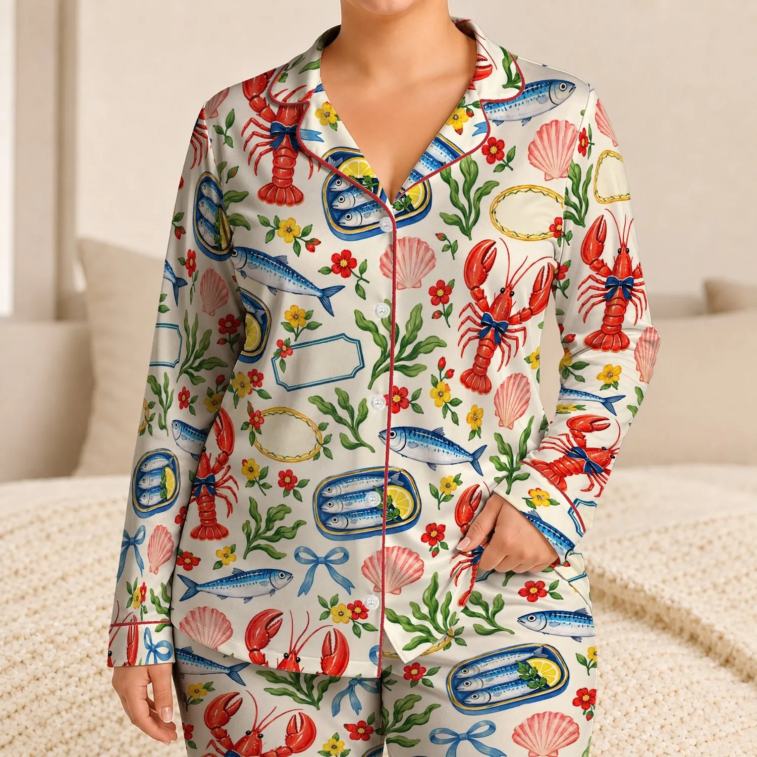 Coastal Lobsters and Sardines for Sunny Beach Getaways and Relaxed Summer Days Satin Pajamas Set - 1