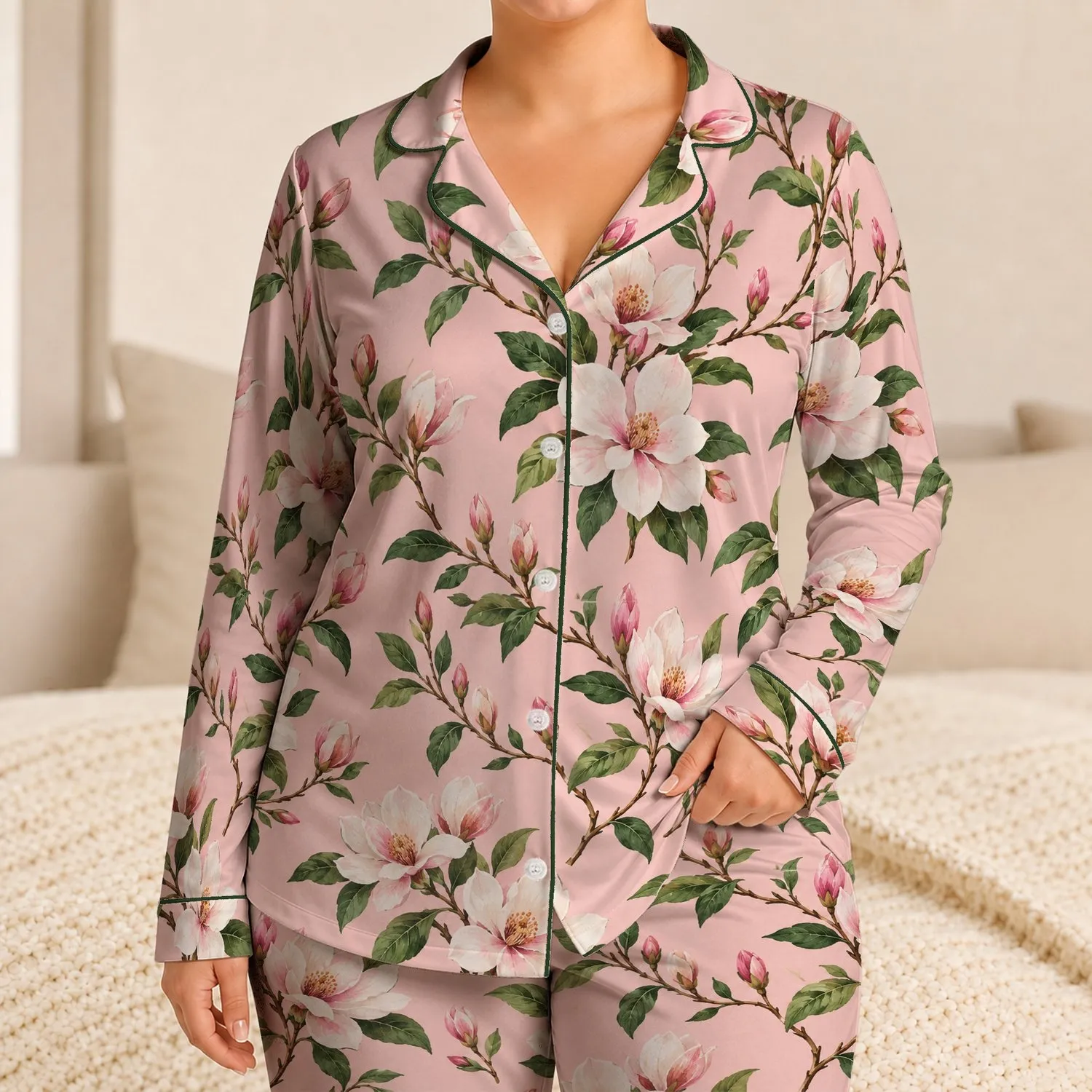Blush Botanical Blossoms for Relaxed Coastal Lounging and Sunny Weekend Beach Escapes Satin Pajamas Set - 1