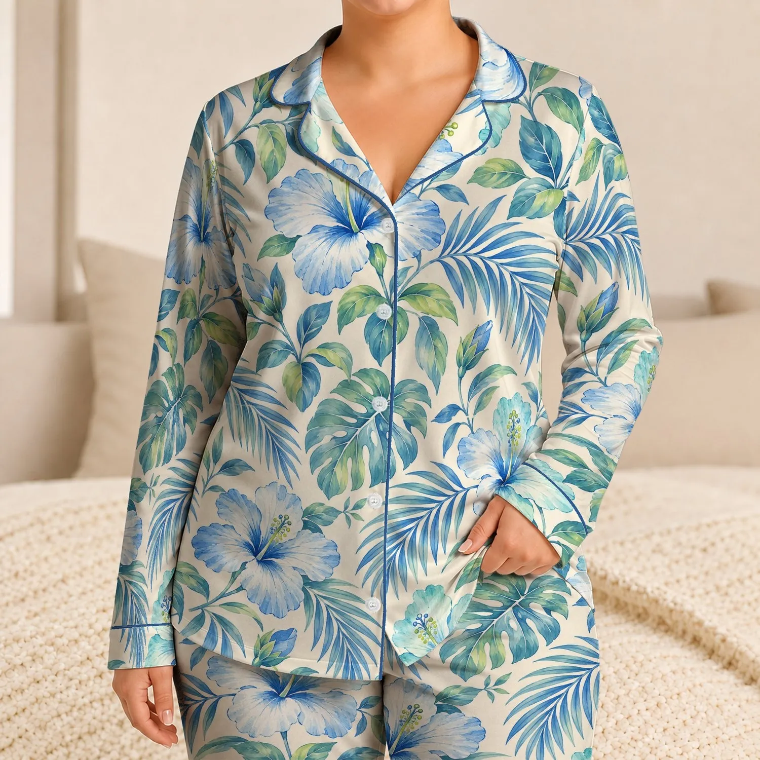 Blue Tropical Palms and Lush Blooms for Relaxed Weekend Lounging and Getaways Satin Pajamas Set - 1