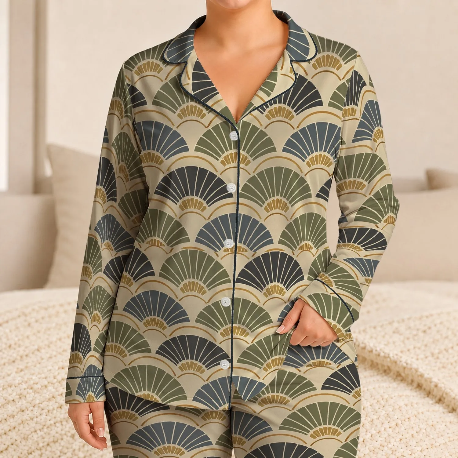 Art Deco Fan Geometry for Relaxed Evenings and Cozy Weekend Lounging Satin Pajamas Set - 1