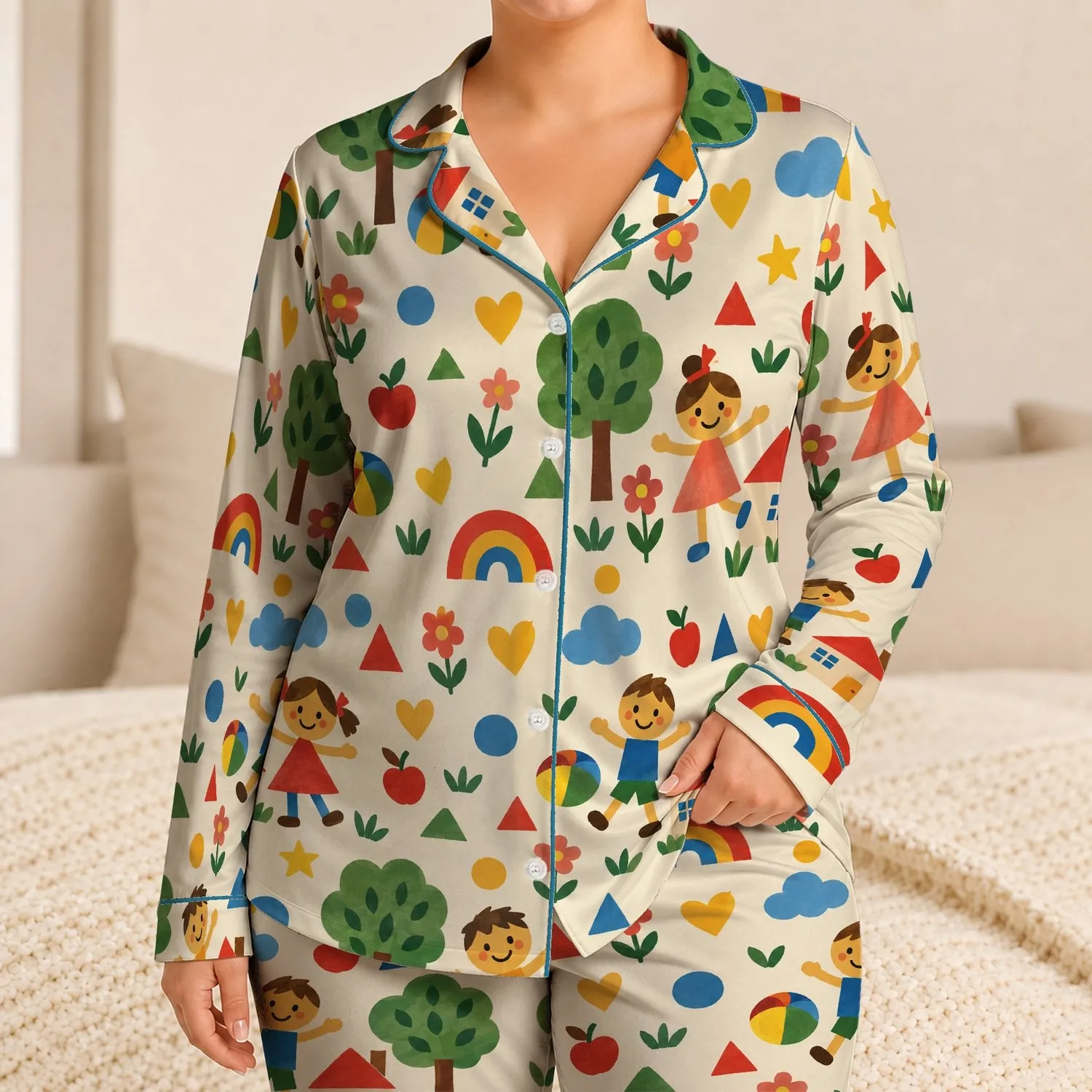 Colorful Geometric Folk Art For Cozy Evenings And Cheerful Home Lounging Satin Pajamas Set - 1
