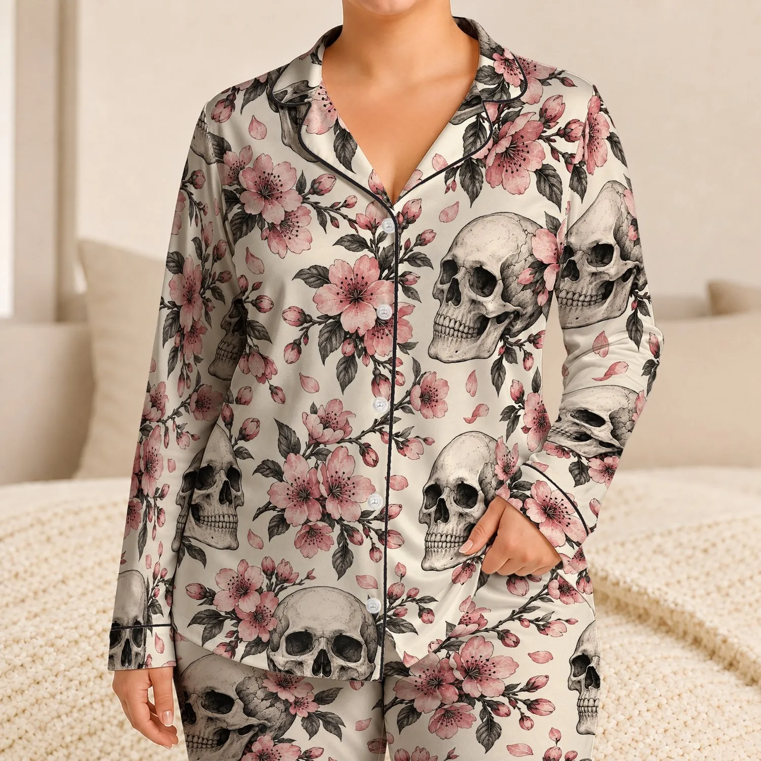 Skulls And Cherry Blossoms For Edgy Gothic Lounging And Cozy Evenings Satin Pajamas Set - 1