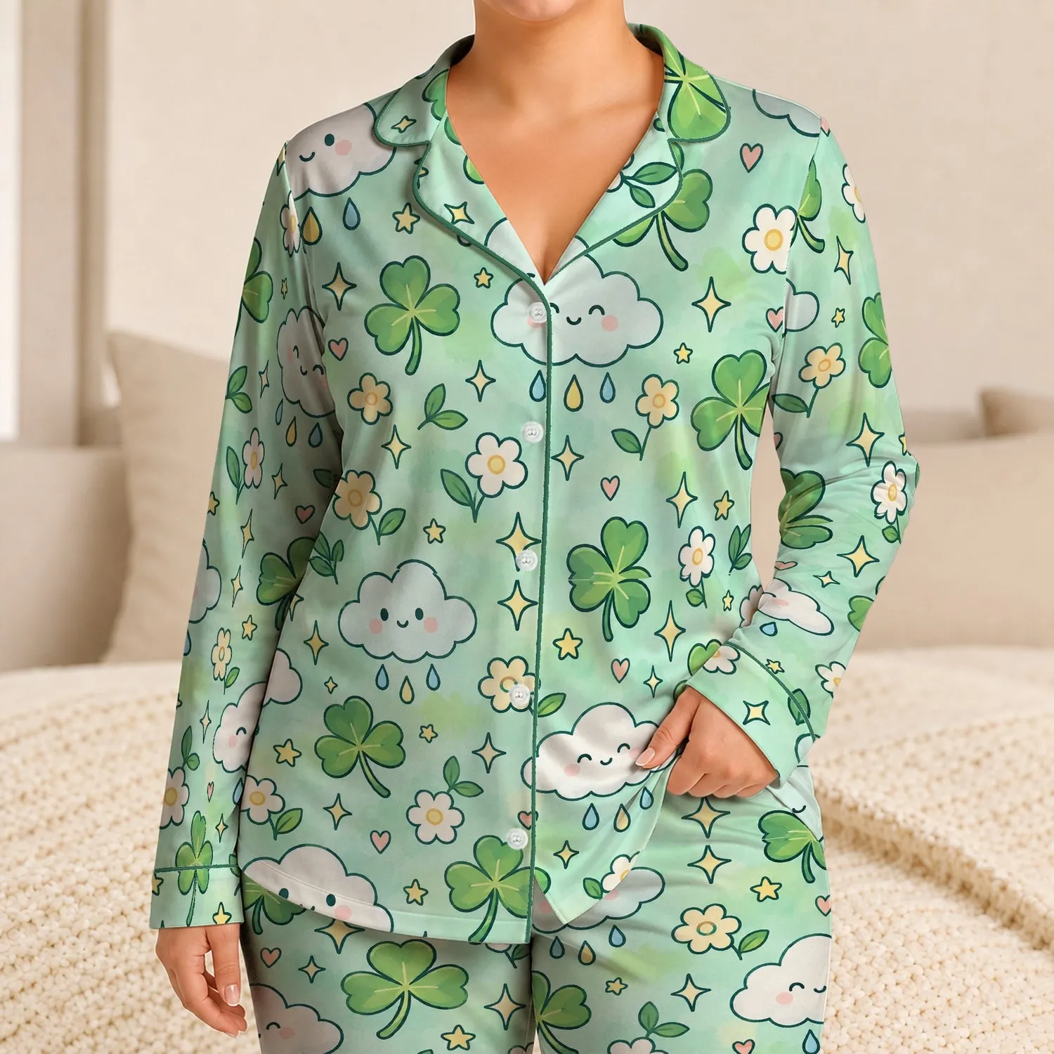 Mint Clover Cloud Motifs for Cozy Lounging and Relaxed Home Days Satin Pajamas Set - 1