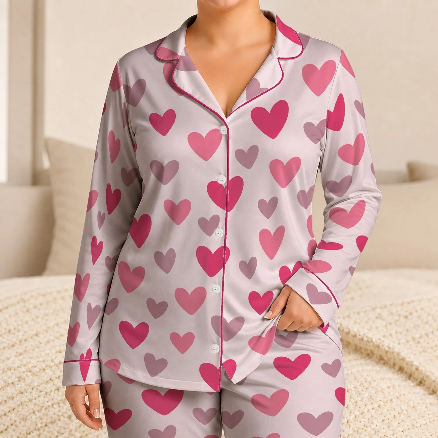 Soft Pink Heart Motifs for Cozy Valentine Lounging and Sweet Everyday Comfort Satin Pajamas Set - 1