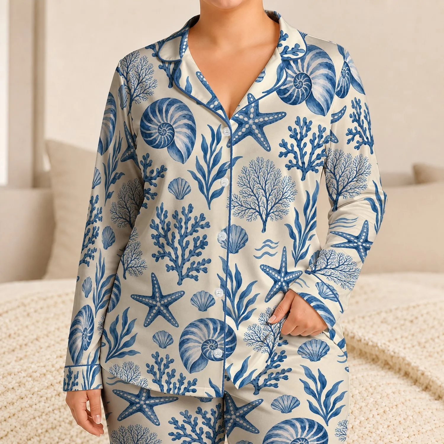 Blue Nautilus And Starfish For Relaxed Coastal Evenings By The Shore Satin Pajamas Set - 1