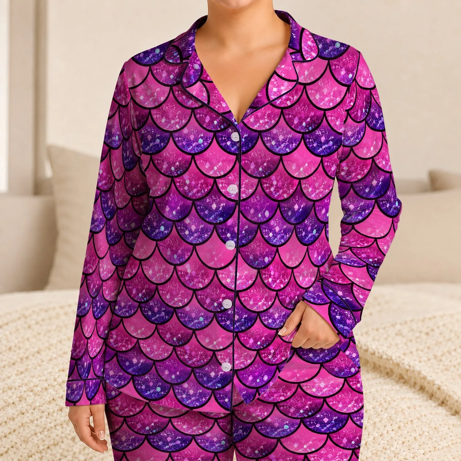 Mermaid Scale Glitter in Pink Purple for Cozy Nights and Whimsical Lounge Style Satin Pajamas Set - 1