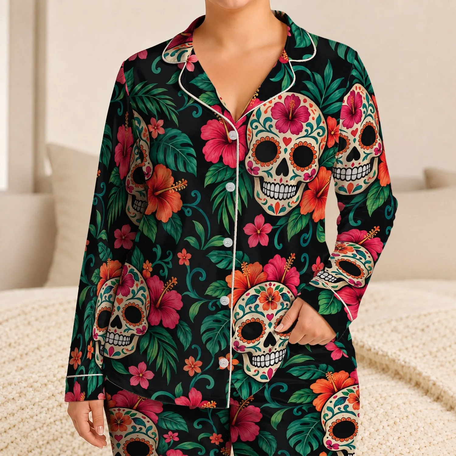 Floral Sugar Skull Motifs for Cozy Día de los Muertos Evenings and Relaxed Lounging Satin Pajamas Set - 1