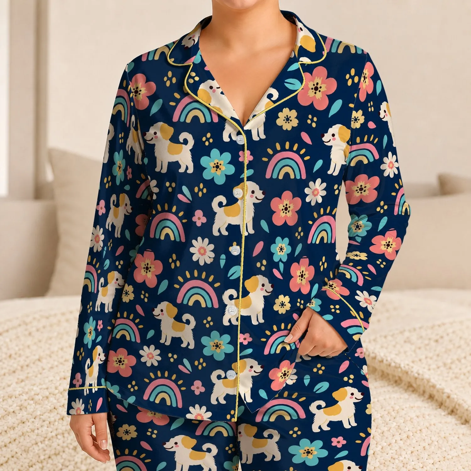 Cheerful Puppy, Rainbow And Flower Motifs For Relaxed Cozy Evenings At Home, Women Satin Pajamas Set - 1