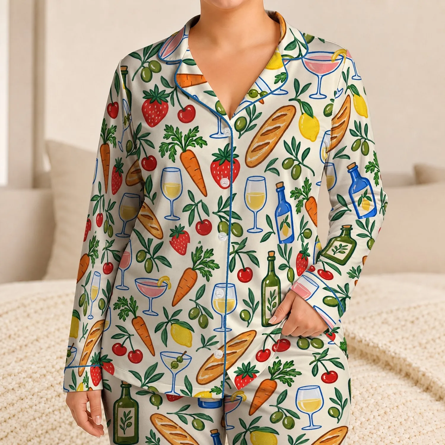 Hand Drawn Food and Drink Motifs for Cozy Brunch Lovers and Culinary Enthusiasts Satin Pajamas Set - 1