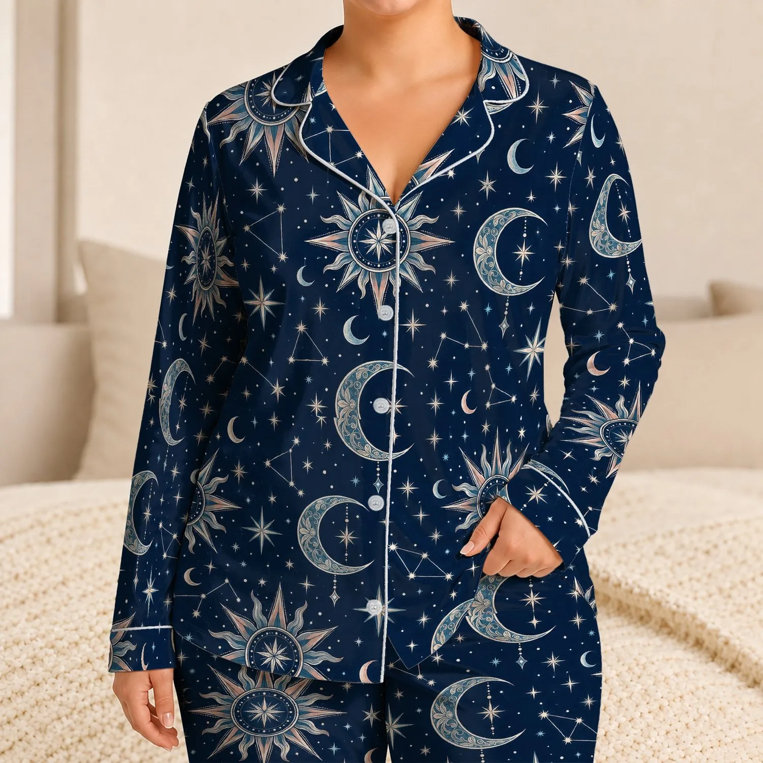 Celestial Mandala Moon and Star Motifs for Cozy Stargazing Evenings Satin Pajamas Set - 1