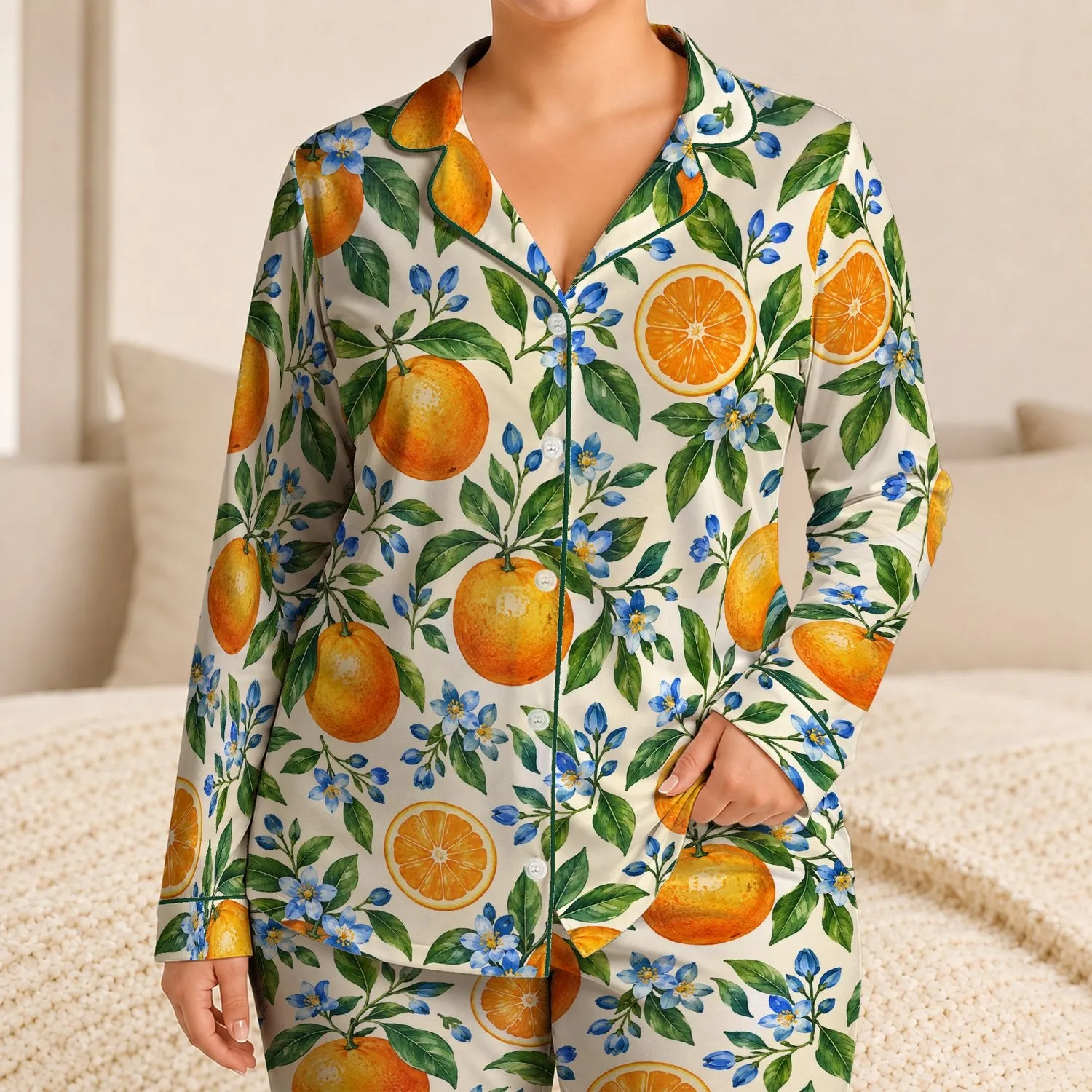 Orange Citrus and Blue Blossom Motif for Fresh, Cheerful Lounging and Relaxation Satin Pajamas Set - 1