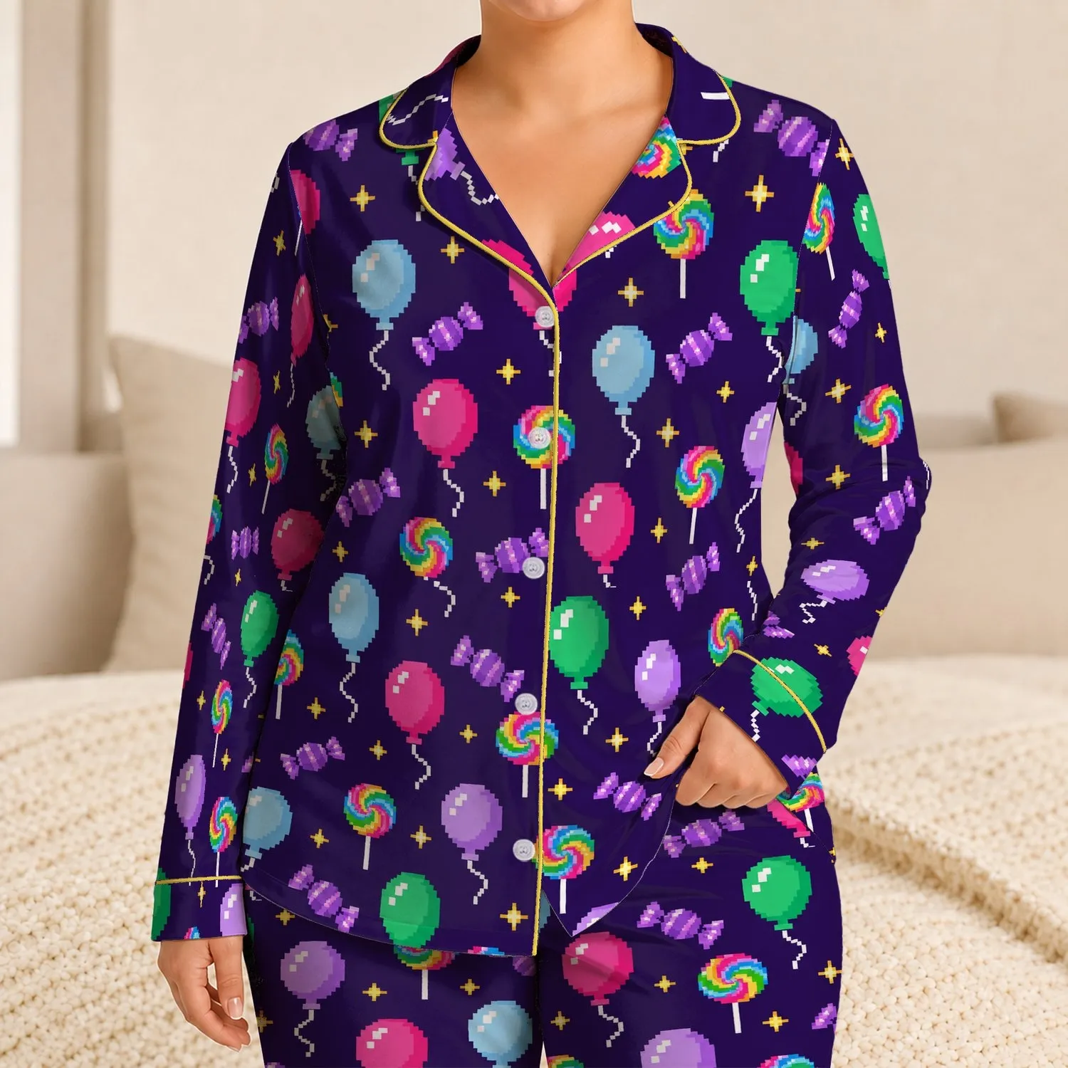 Pixel Balloons And Candy For Playful Birthday Lounging And Cozy Nights Satin Pajamas Set - 1