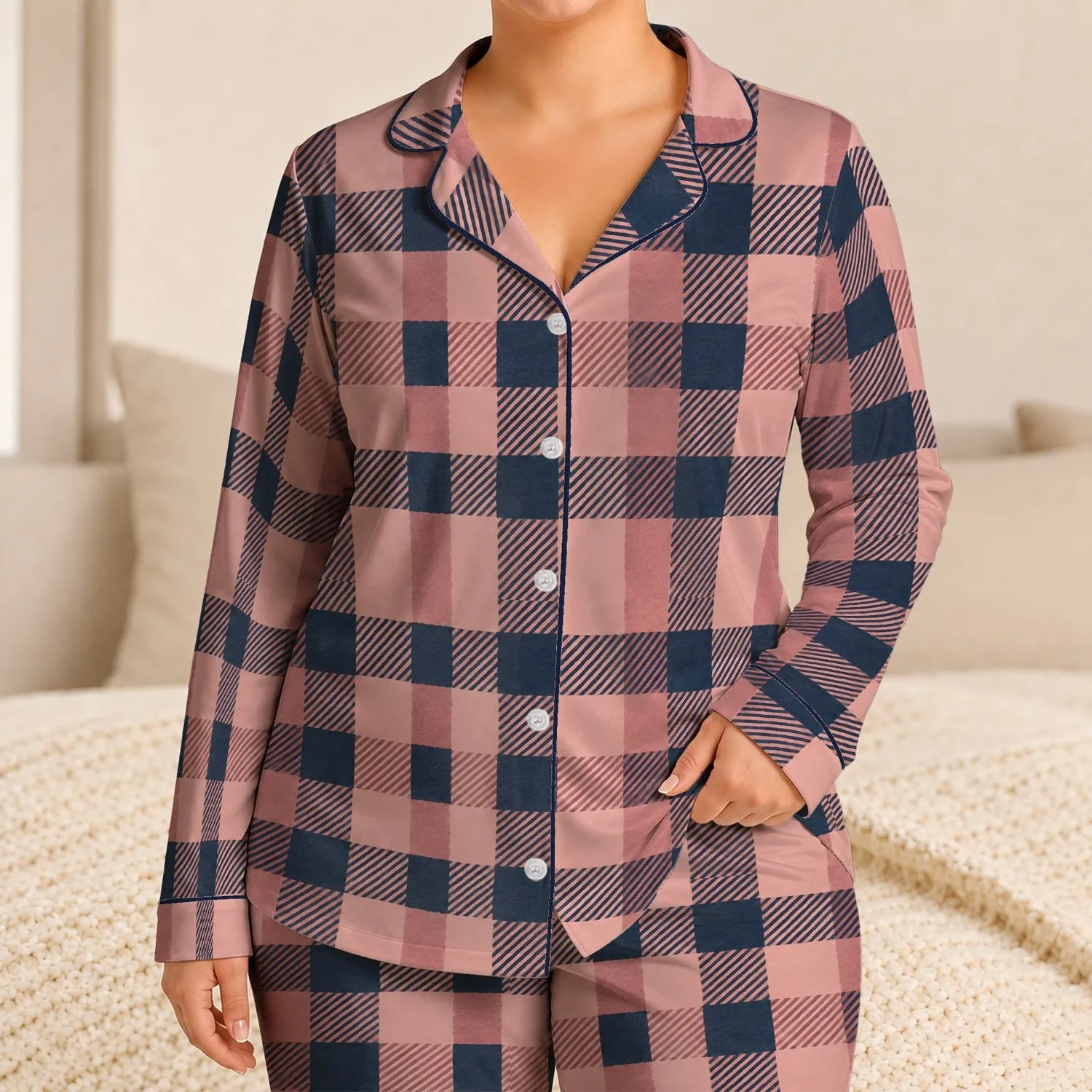 Vintage Pink Navy Plaid for Cozy Lounging and Relaxed Evenings at Home Satin Pajamas Set - 1