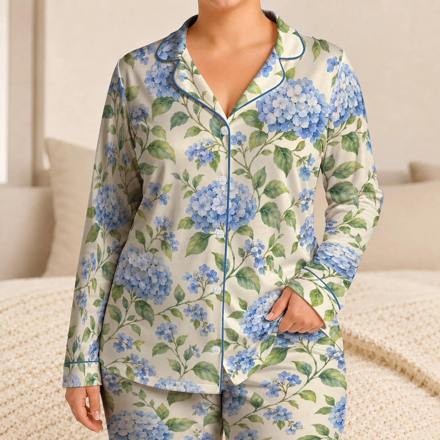 Blue Hydrangea Vine Blooms for Relaxed Cottagecore Evenings and Thoughtful Gifting Satin Pajamas Set - 1