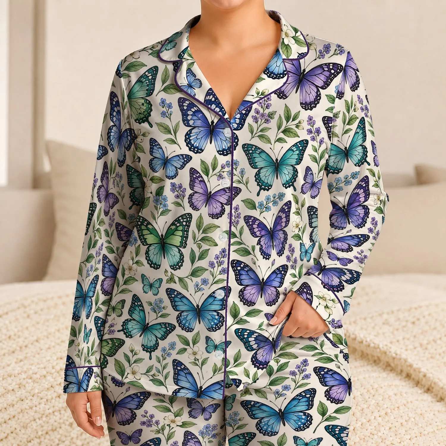 Emerald Teal and Violet Butterflies for Cozy Evenings and Relaxed Weekend Mornings Satin Pajamas Set - 1