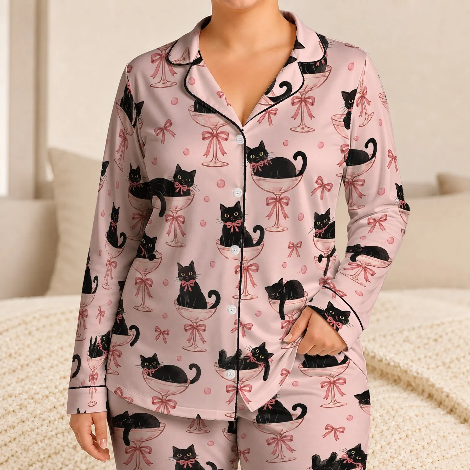 Black Cats in Bow-Tied Cocktail Glasses for Whimsical Cozy Nights at Home Satin Pajamas Set - 1