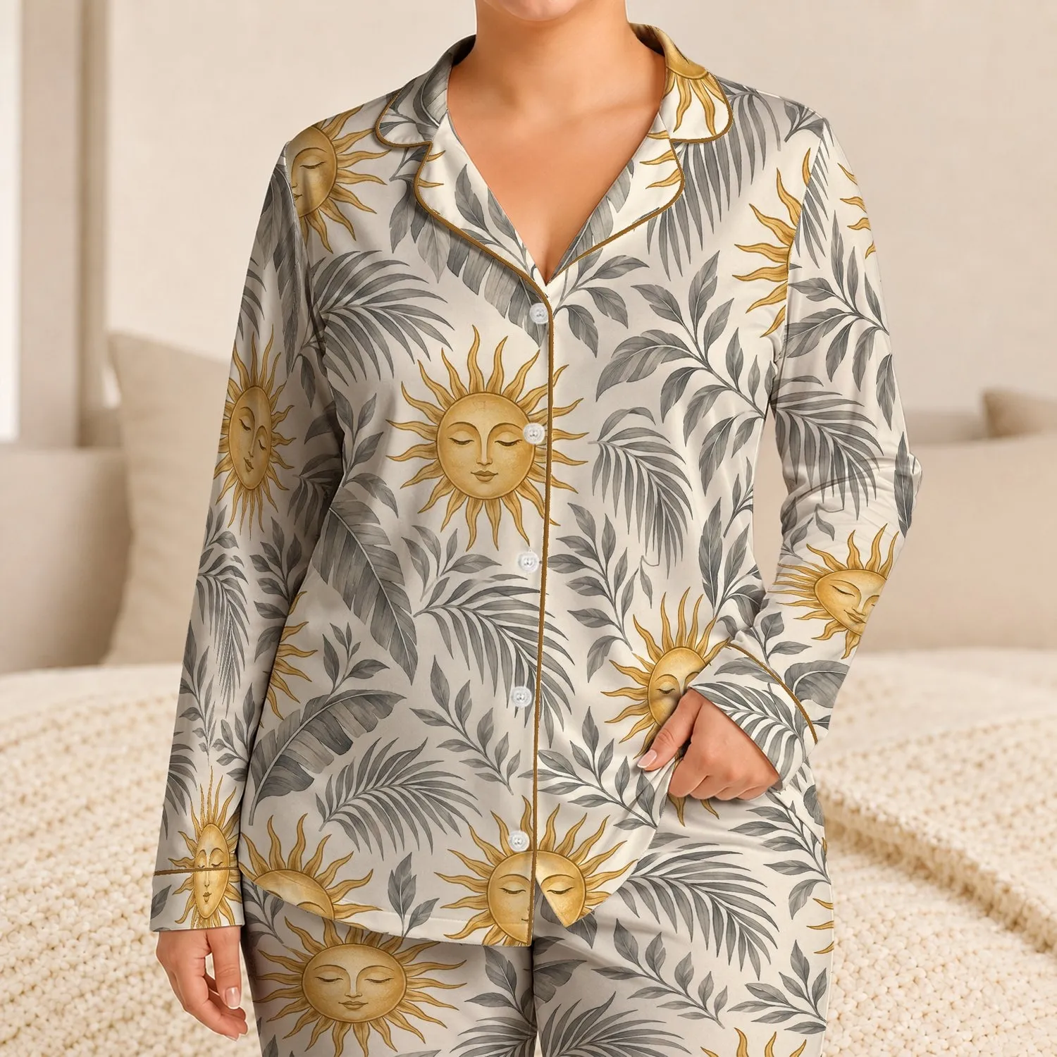 Golden Sun Faces And Tropical Leaves For Relaxed Bohemian Vacation Style Satin Pajamas Set - 1