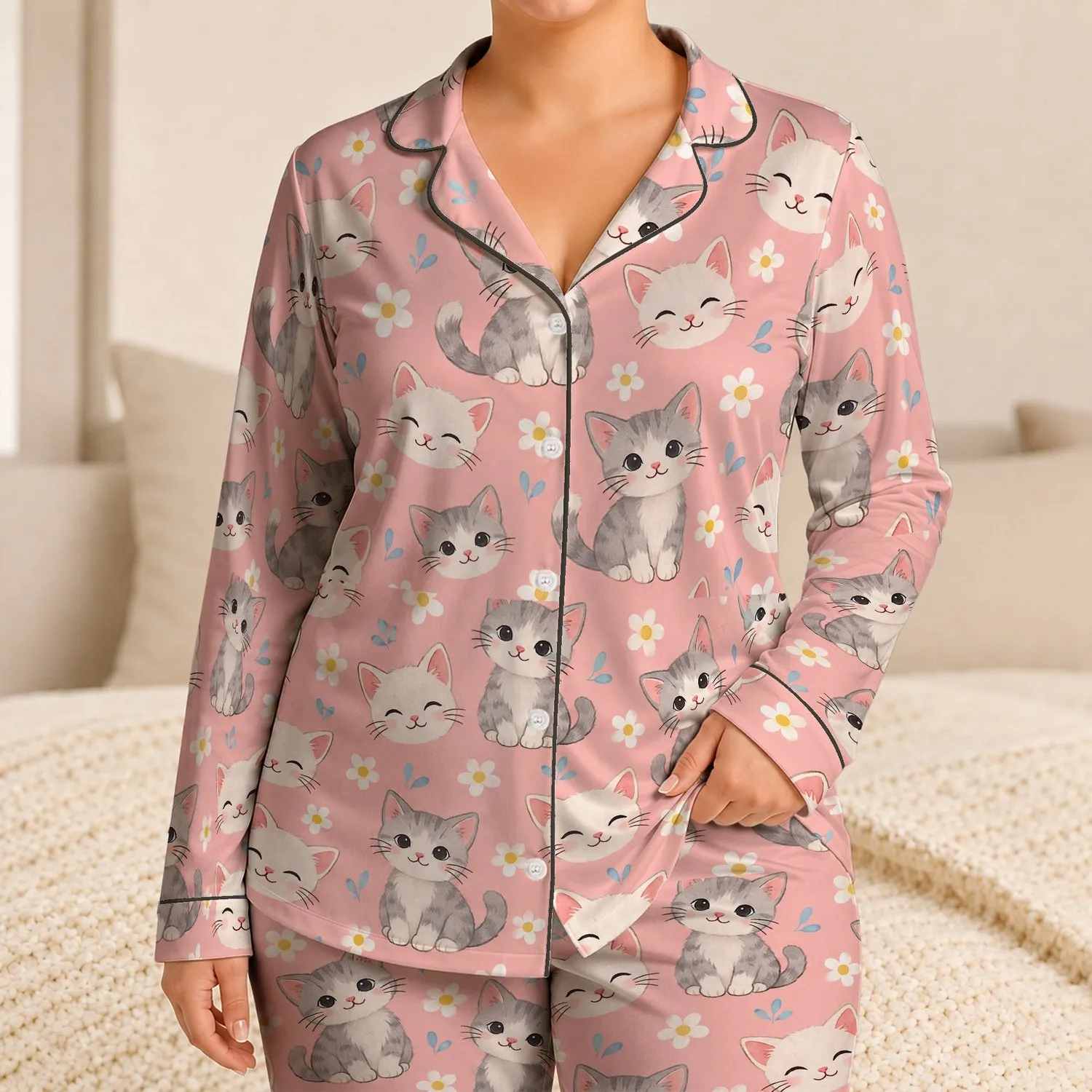 Pastel Kitten And Daisy Motifs For Cozy Evenings And Relaxed Lounging At Home Satin Pajamas Set - 1