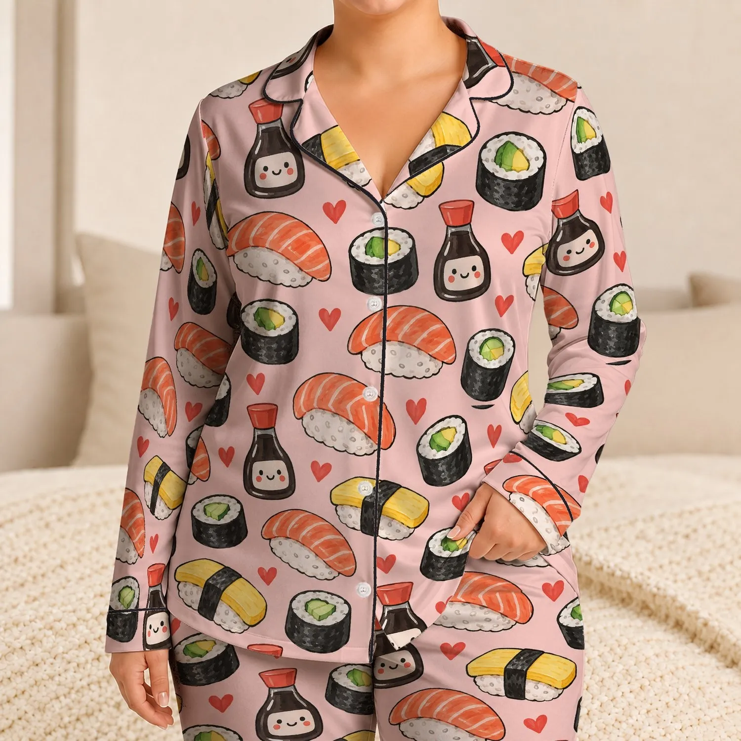 Whimsical Sushi And Cute Soy Bottles For Cozy Evenings And Foodie Gifts Satin Pajamas Set - 1