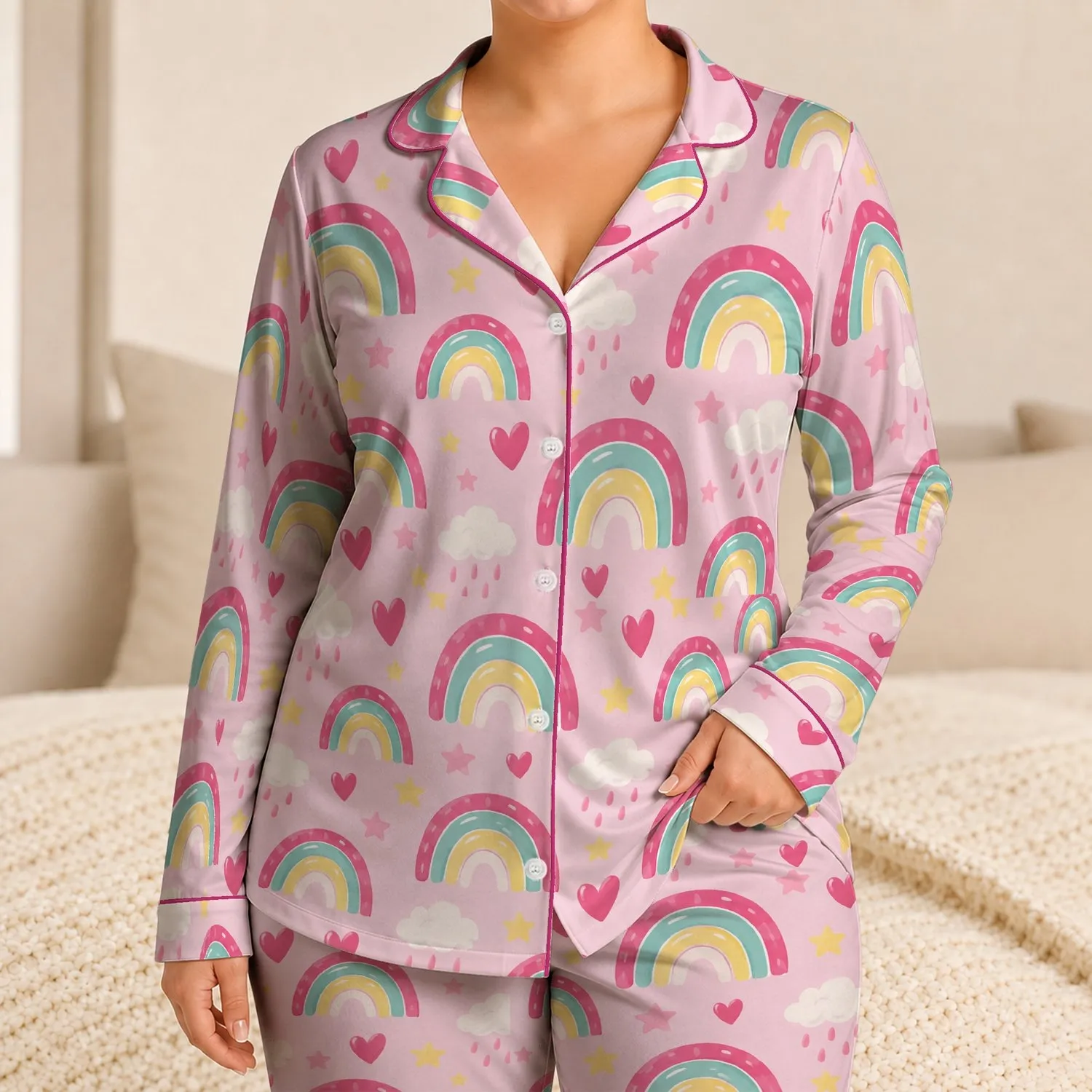 Pastel Rainbow Hearts and Clouds for Cozy Valentine Evenings and Relaxing at Home Satin Pajamas Set - 1