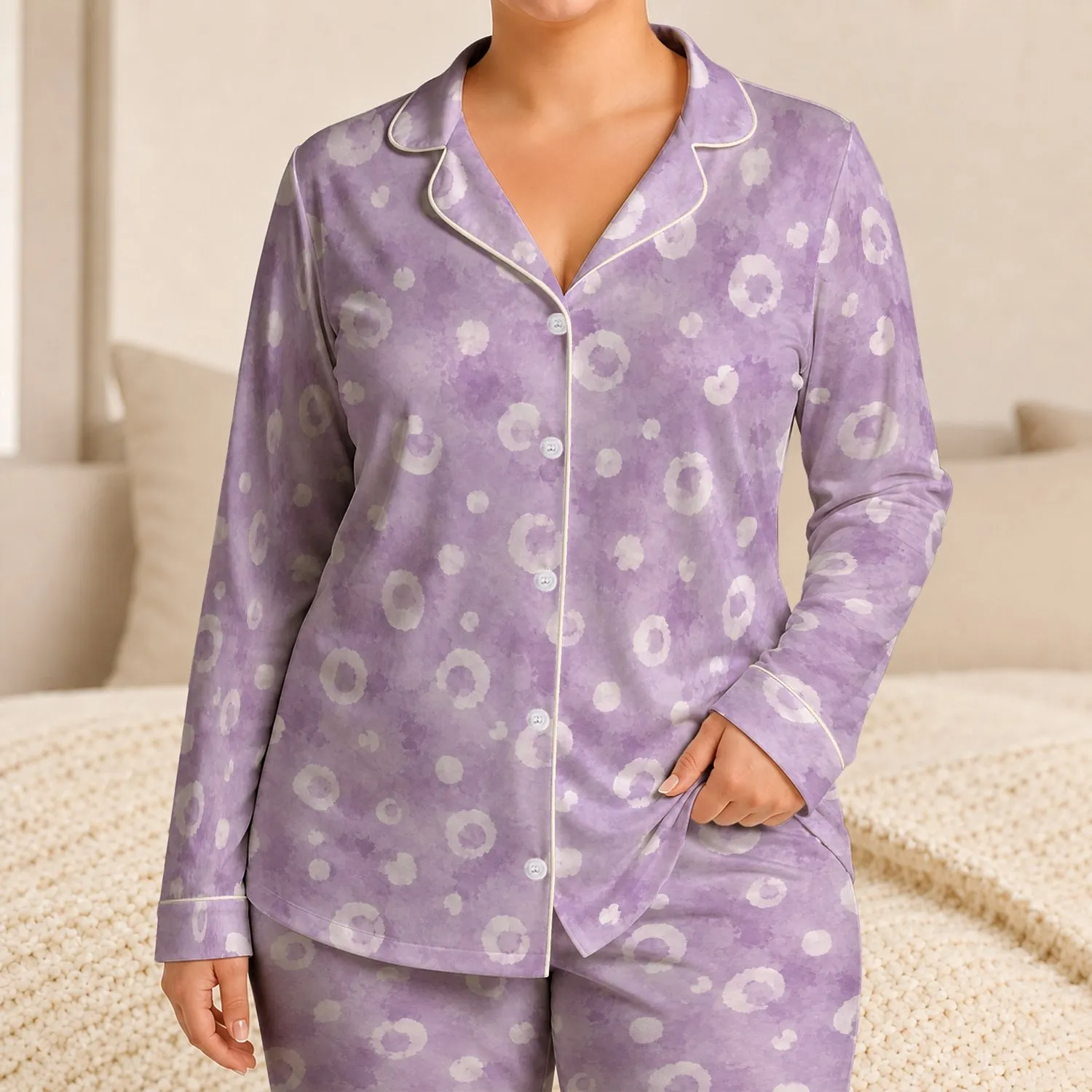 Lavender Watercolor Spots for Calm Weekend Lounging and Cozy Nighttime Comfort at Home Satin Pajamas Set - 1