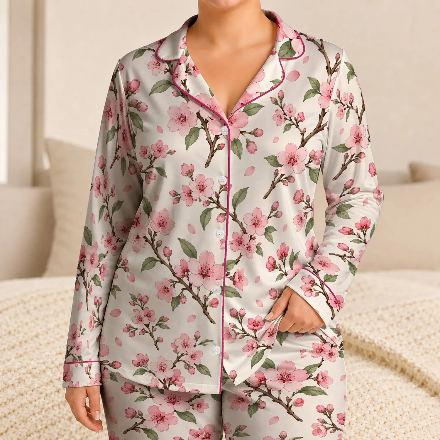 Japanese Cherry Blossoms For A Cozy Springtime Look And Relaxed Floral Style Satin Pajamas Set - 1