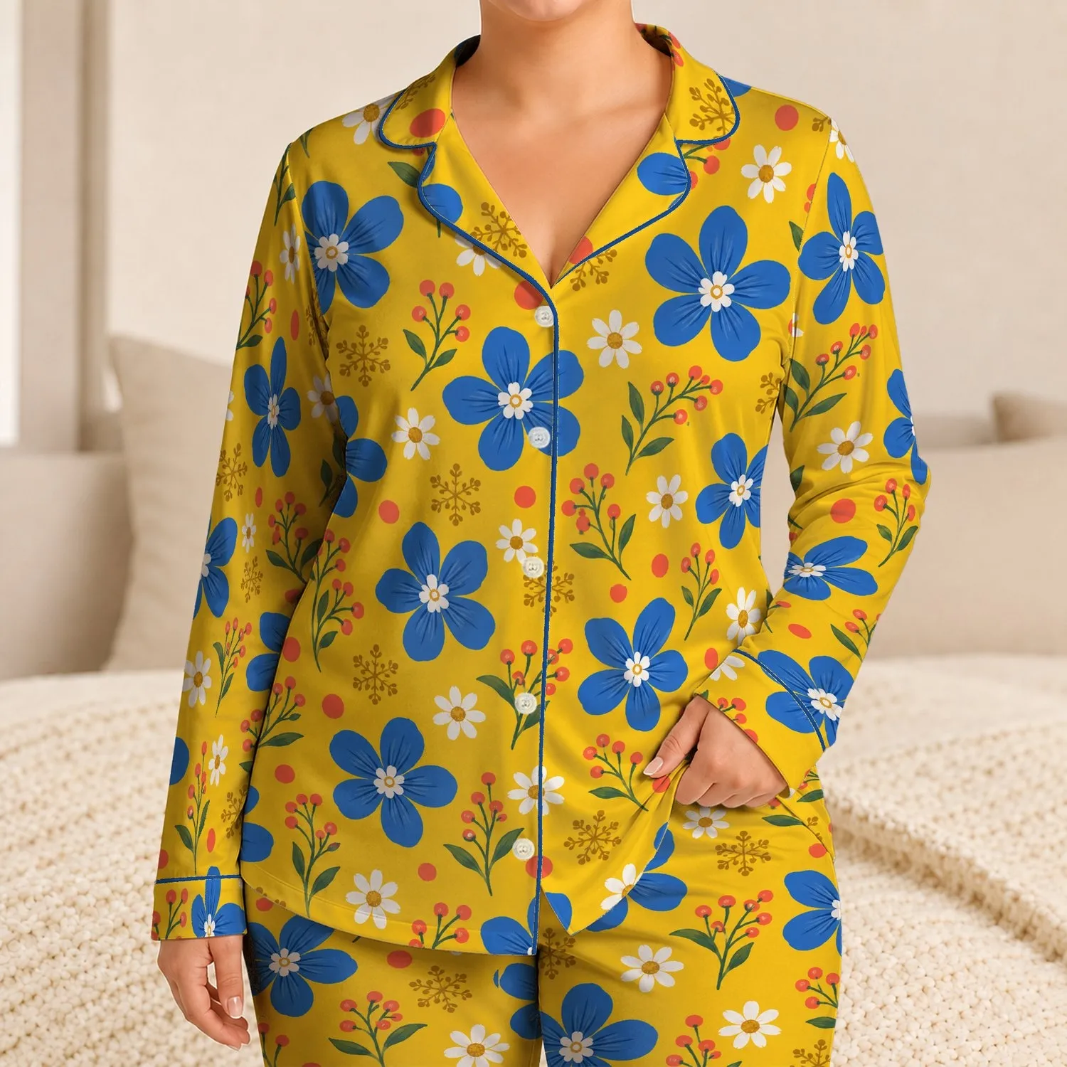 Blue Wildflowers And Sunny Yellow Blooms For Cheerful Everyday Lounging Satin Pajamas Set - 1