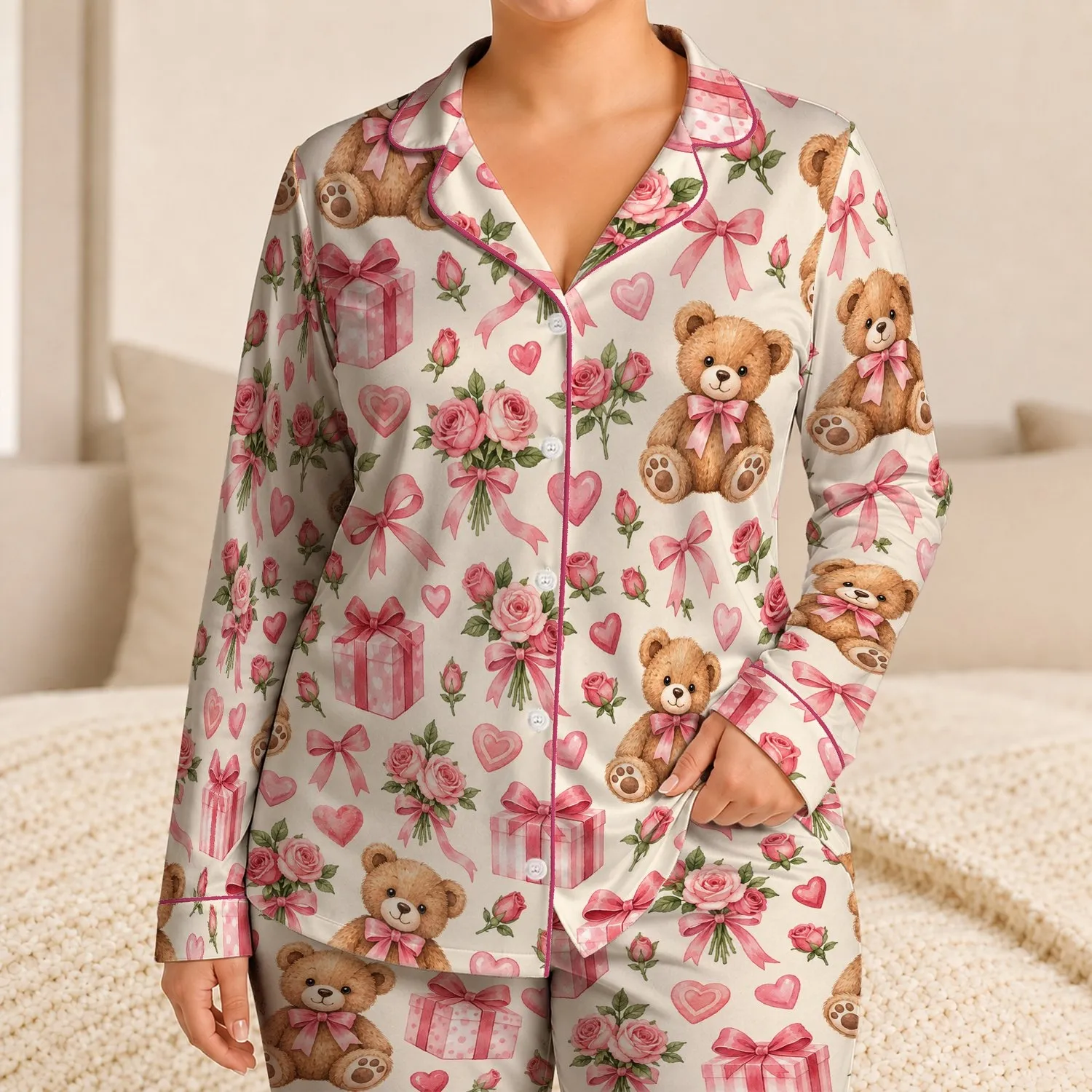 Sweet Teddy Bear And Pink Gift Boxes For Cozy Valentine Evenings And Relaxing Satin Pajamas Set - 1