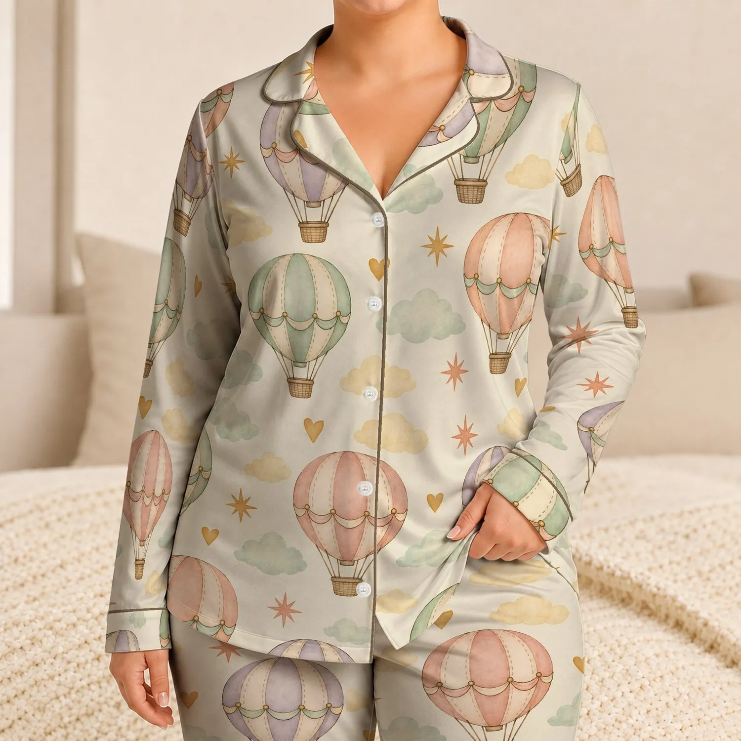 Pastel Hot Air Balloons for Cozy Weekend Lounging and Whimsical Travel Dreams Satin Pajamas Set - 1