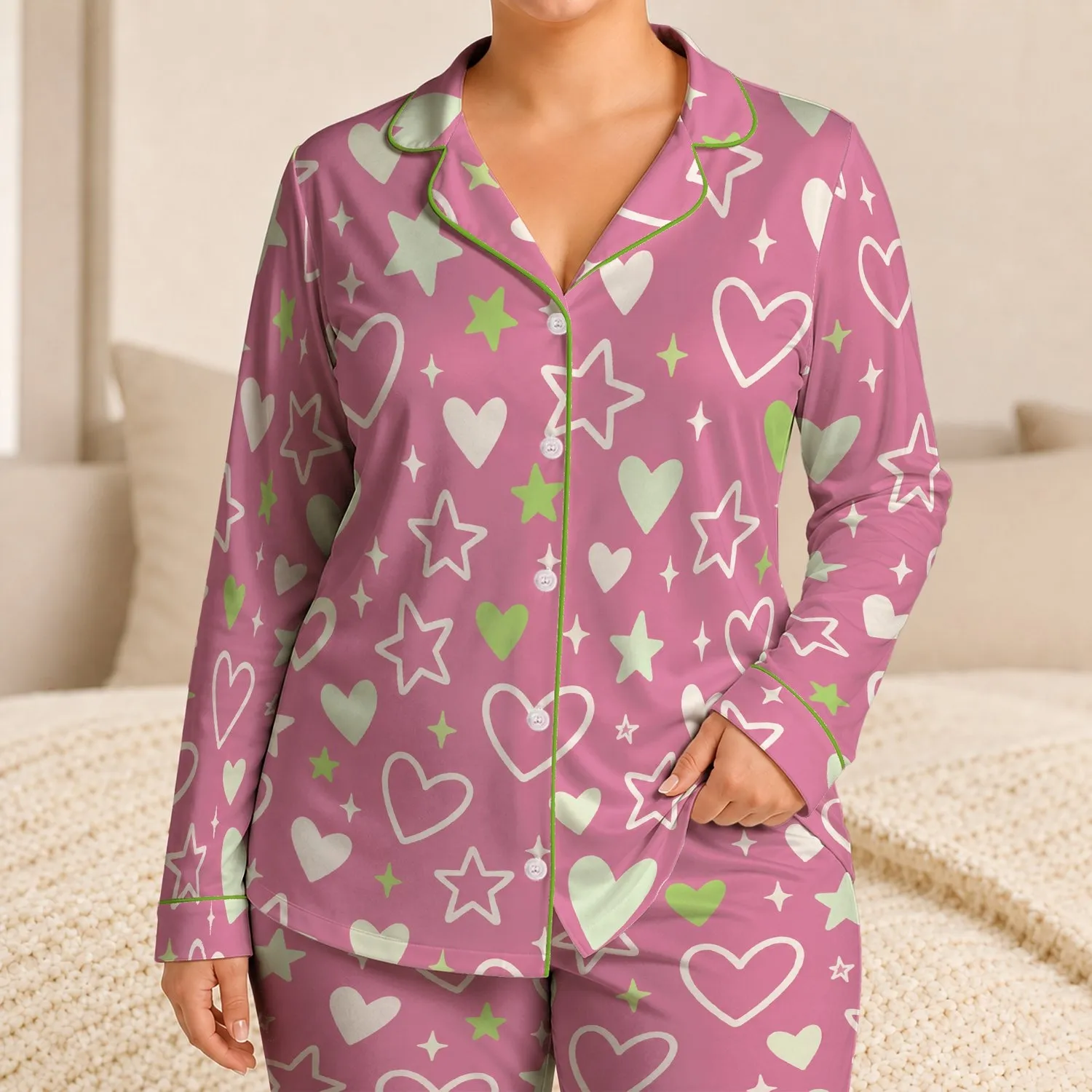 Soft Pink Hearts and Stars for Cozy Valentine's Evening Relaxation for Her at Home Satin Pajamas Set - 1