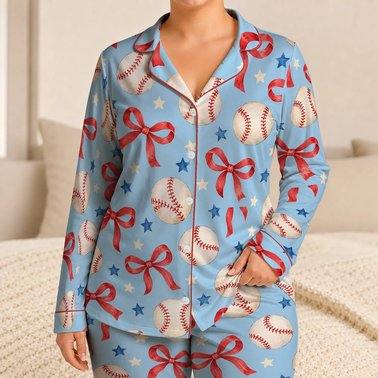 Watercolor Baseballs, Red Bows & Stars for Cozy Game Day Lounging and Gift Giving Satin Pajamas Set - 1